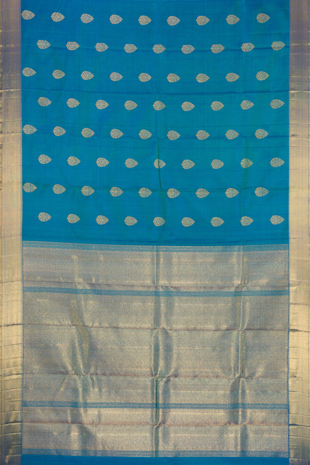 Flat view of Pure Silk Pure Zari Peacock Blue Dual Tone Kanjivaram Saree with Zari Butta on the body and Zari Border. 