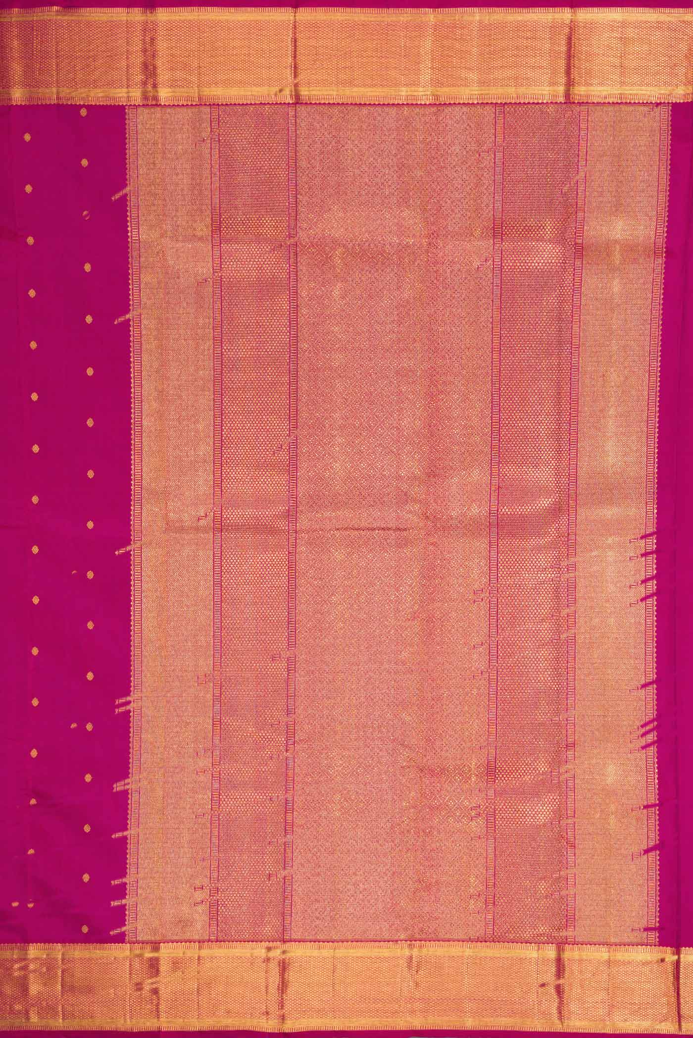 Close up image of the pallu of Pure Silk Pure Zari Magenta Dual Tone Kanchipuram Saree with Zari Butta on the body and Zari Border