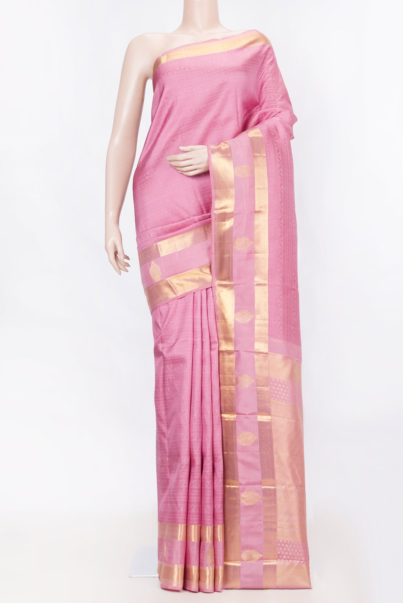 Pure Silk Pure Zari Pink Dual Tone Kanchipuram SareeJacquard design on the body and Zari Border displayed on a mannequin