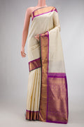 Pure Silk Pure Zari Off White Dual Tone Kanjivaram Saree with Stripes on the body and Zari Border.  displayed on a mannequin