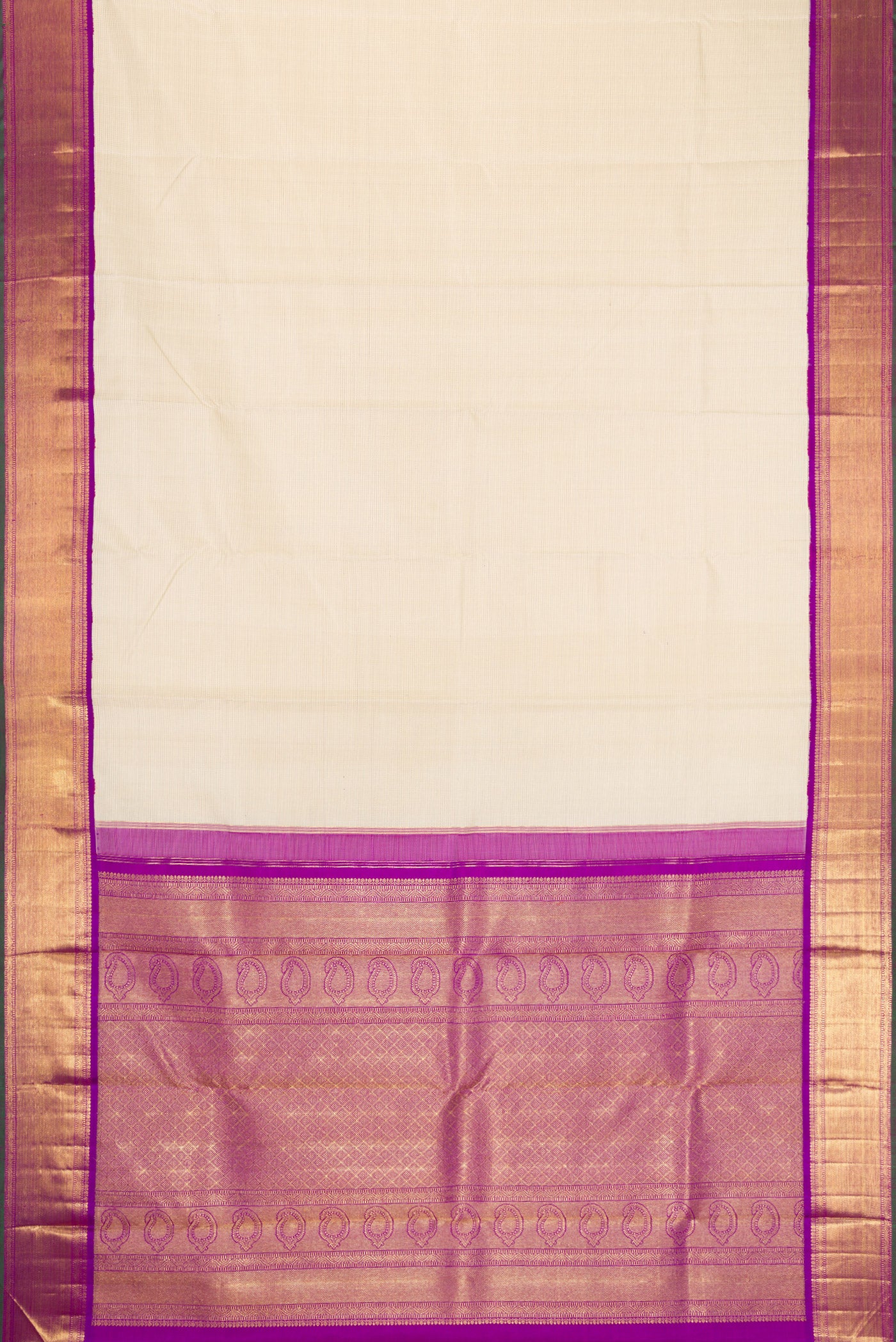 Flat view of Pure Silk Pure Zari Off White Dual Tone Kanjivaram Saree with Stripes on the body and Zari Border. 