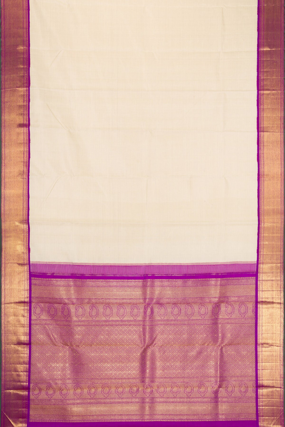Flat view of Pure Silk Pure Zari Off White Dual Tone Kanjivaram Saree with Stripes on the body and Zari Border. 
