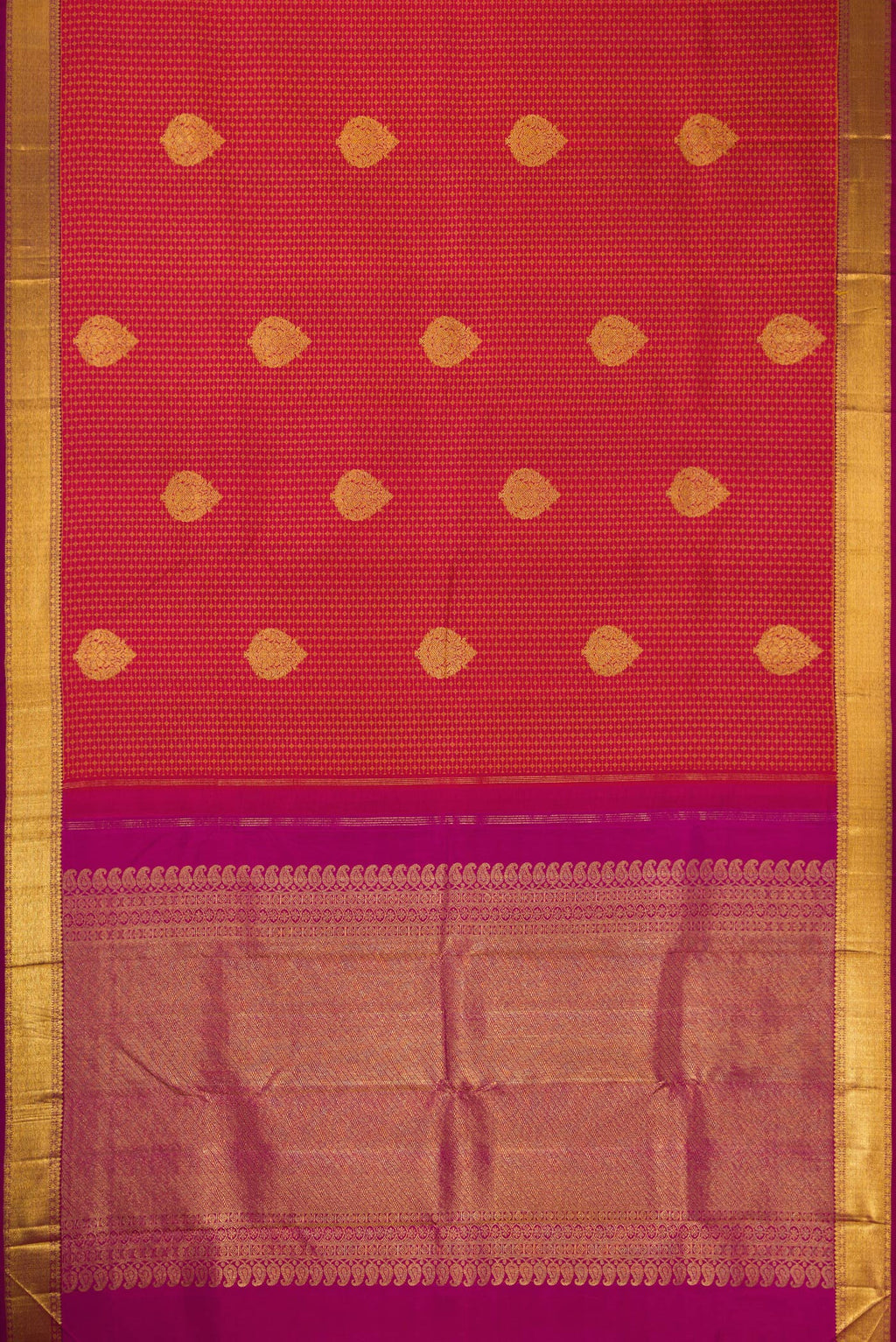 Flat view of Maroon Dual Tone Kanjivaram Silk Saree with Jacquard design on the body and Zari Border. 