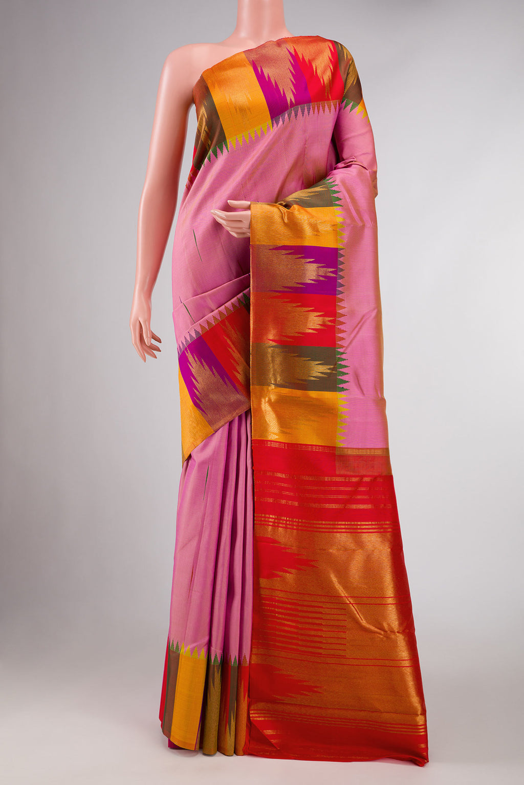 Pink Dual Tone Kanchipuram Silk Saree with Zari Butta on the body and Temple Border displayed on a mannequin