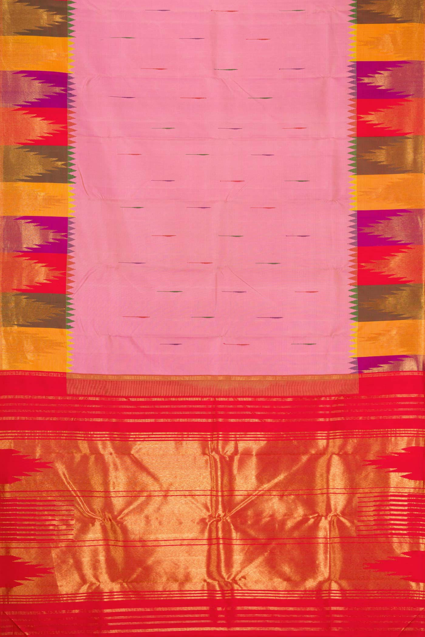 Flat view of Pink Dual Tone Kanchipuram Silk Saree with Zari Butta on the body and Temple Border