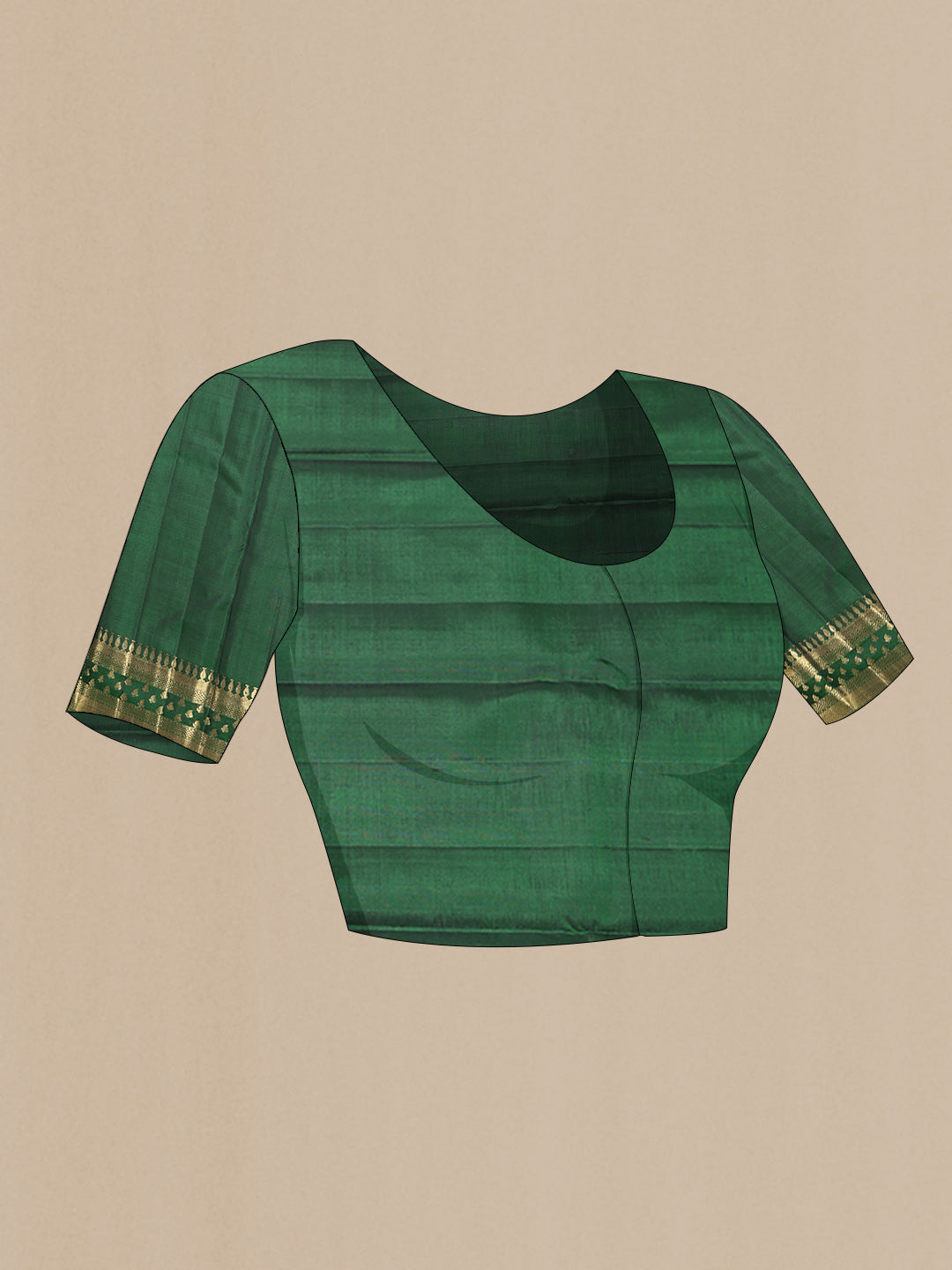 Close up image of the blouse of Pure Silk Pure Zari Green Dual Tone Kanchipuram Saree with Thread Butta on the body and Zari Border