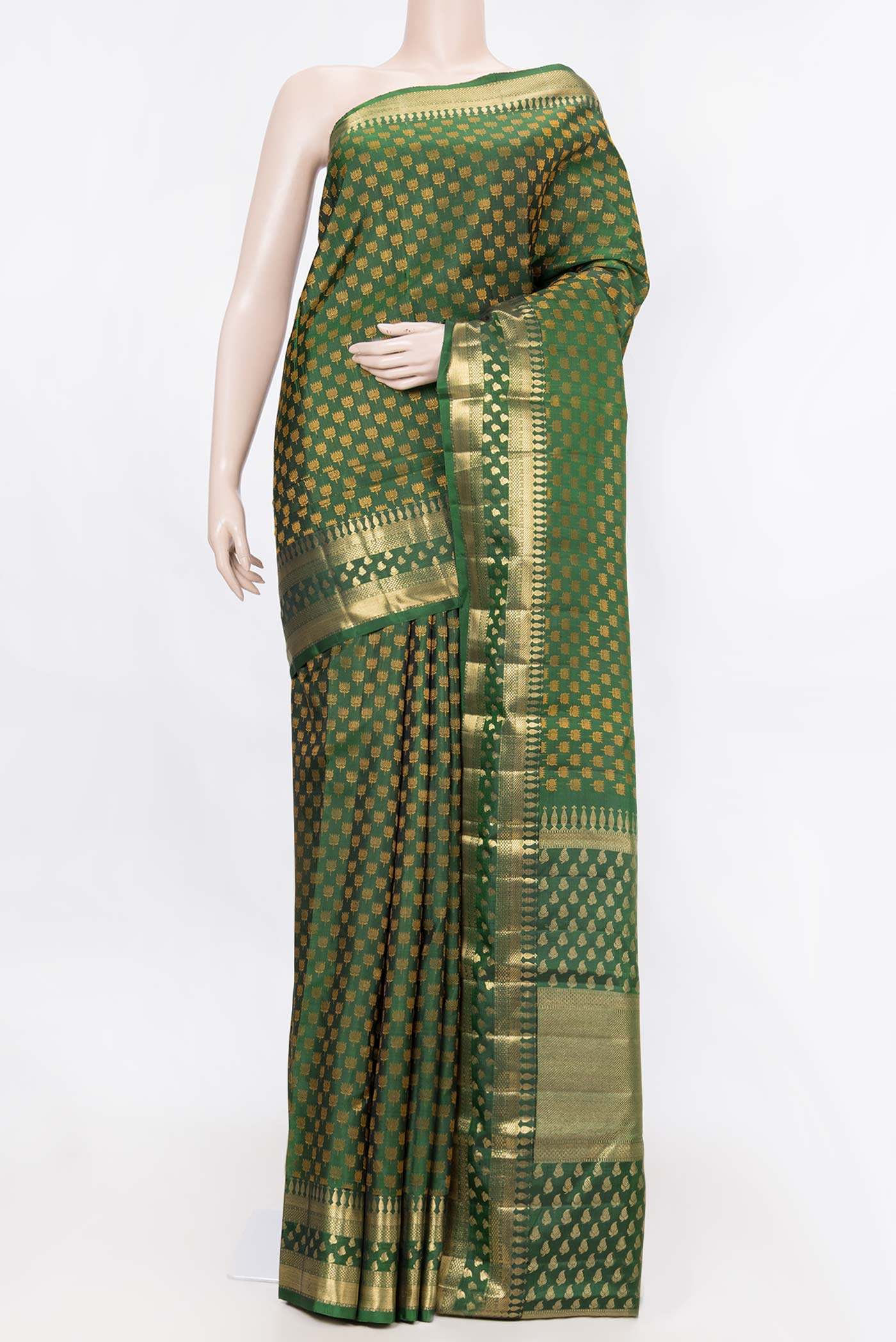 Pure Silk Pure Zari Green Dual Tone Kanchipuram Saree with Thread Butta on the body and Zari Border displayed on a mannequin