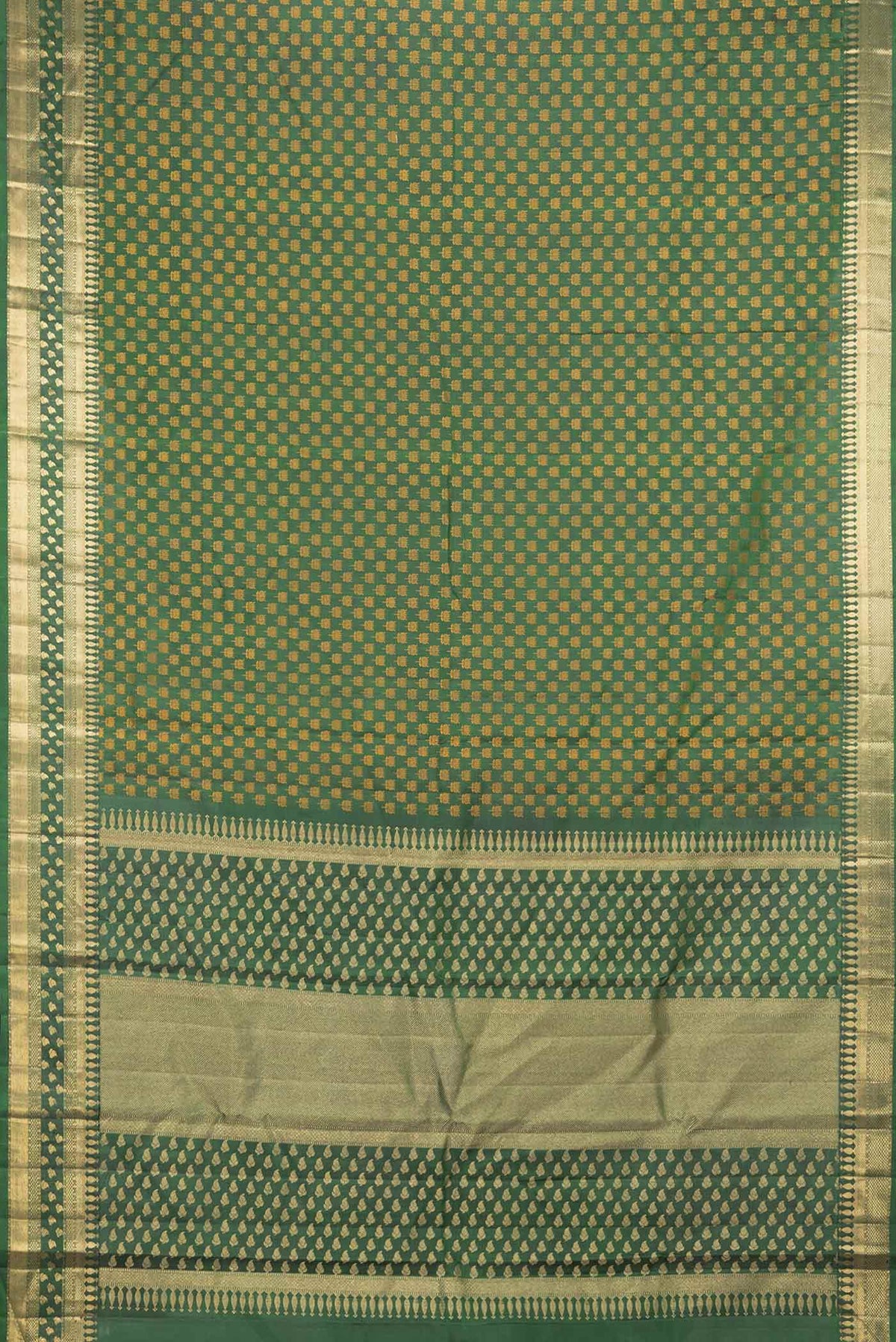 Flat view of Pure Silk Pure Zari Green Dual Tone Kanchipuram Saree with Thread Butta on the body and Zari Border