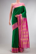Pure Silk Pure Zari Bottle Green Dual Tone Kanchipuram Nine Yards Saree with Plain Body and Zari Border.  displayed on a mannequin