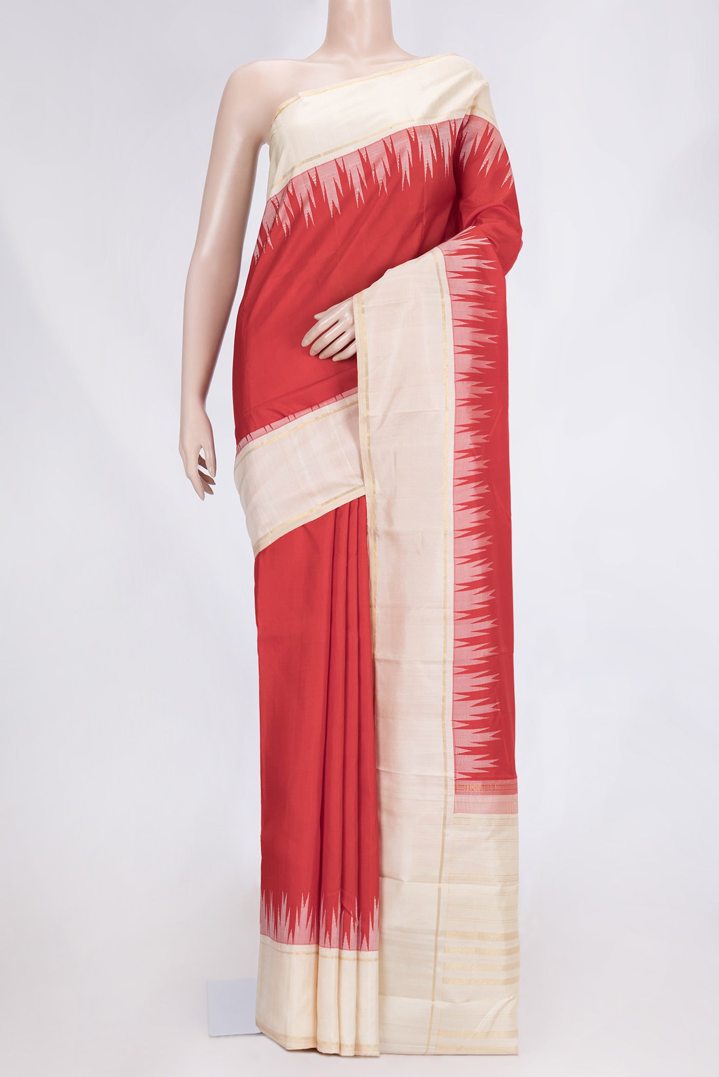Red Dual Tone Kanchipuram Silk Saree with Plain Body and Temple Border.  displayed on a mannequin