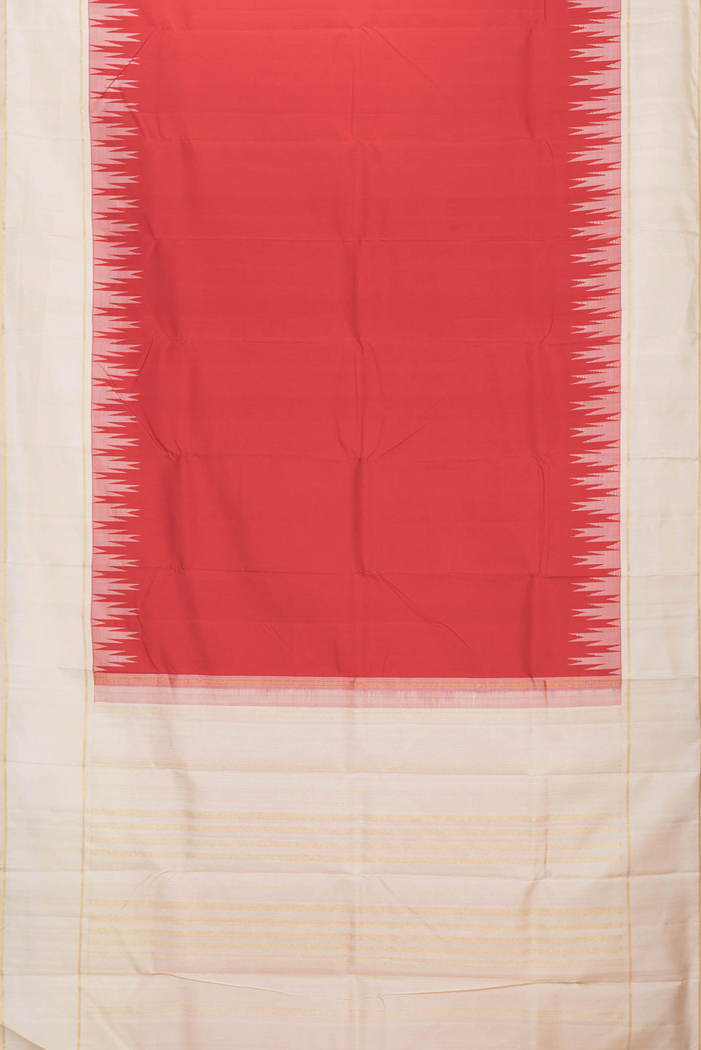 Flat view of Red Dual Tone Kanchipuram Silk Saree with Plain Body and Temple Border. 