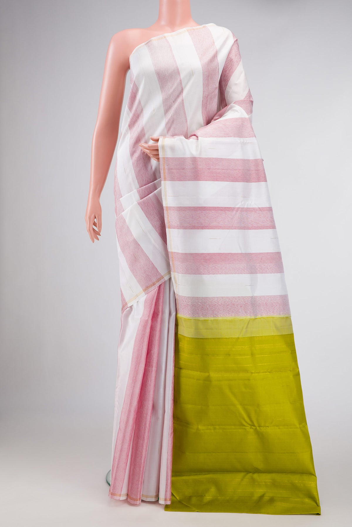 Off White and Maroon Color Kanjivaram Silk Saree with Stripes on the body and Thin Zari Line.  displayed on a mannequin