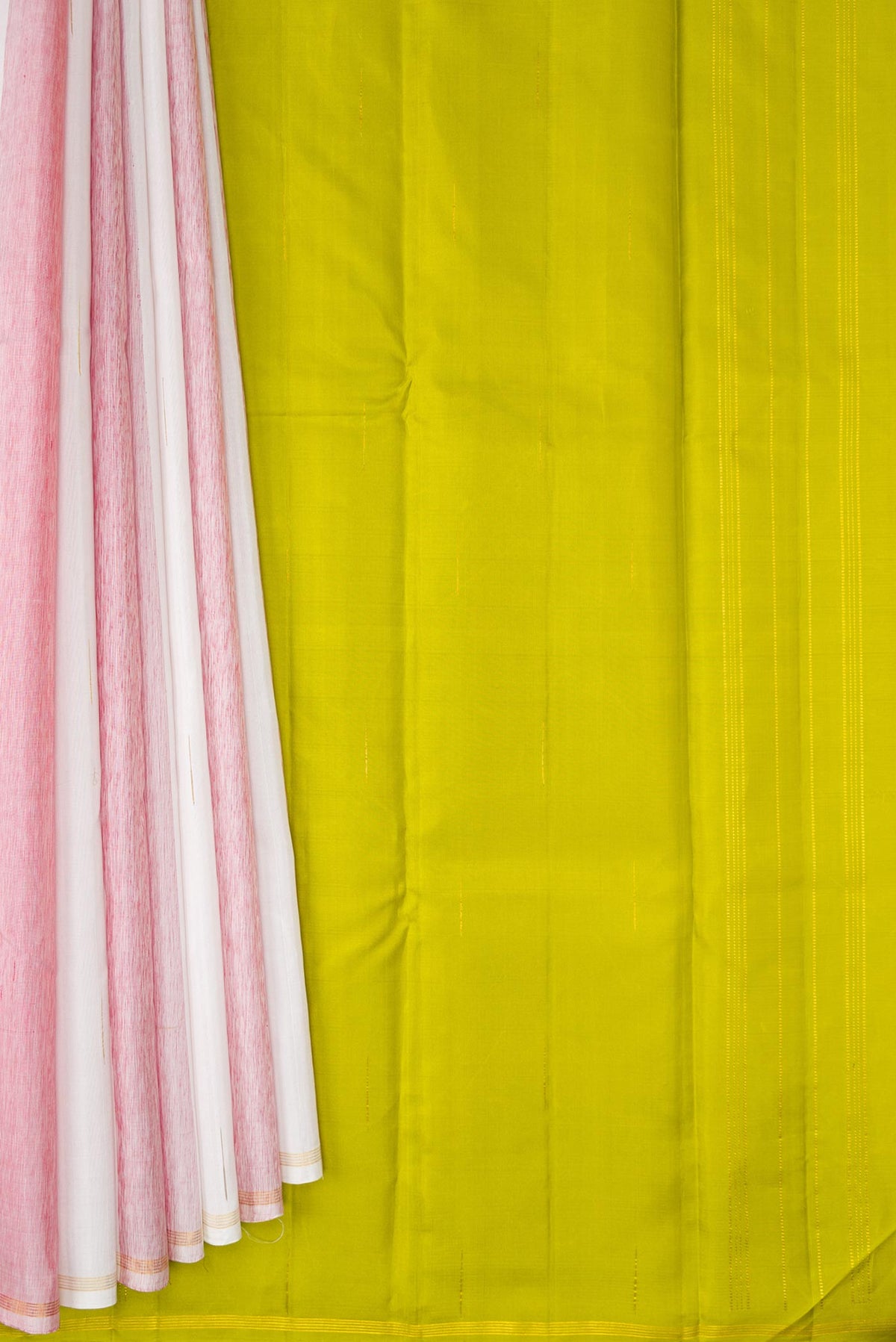 Pleats and pallu of Off White and Maroon Color Kanjivaram Silk Saree with Stripes on the body and Thin Zari Line. 