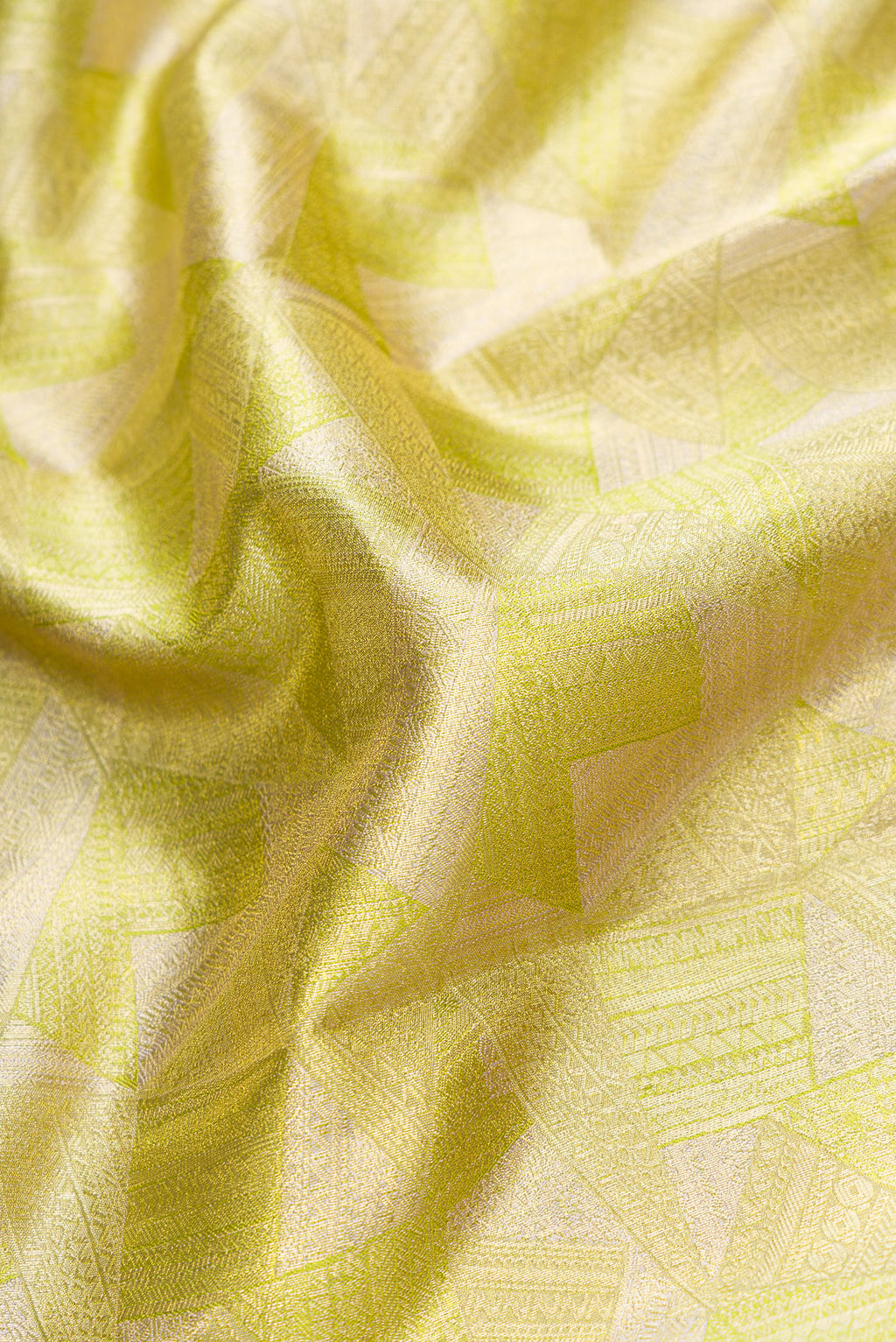 Close up of Pista Green Dual Tone Kanchipuram Tissue Silk Saree with Zari Brocade on the body and Zari Border.  displaying folds