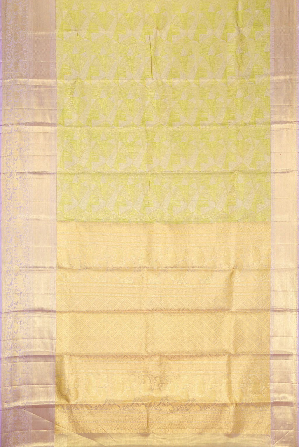 Flat view of Pista Green Dual Tone Kanchipuram Tissue Silk Saree with Zari Brocade on the body and Zari Border. 