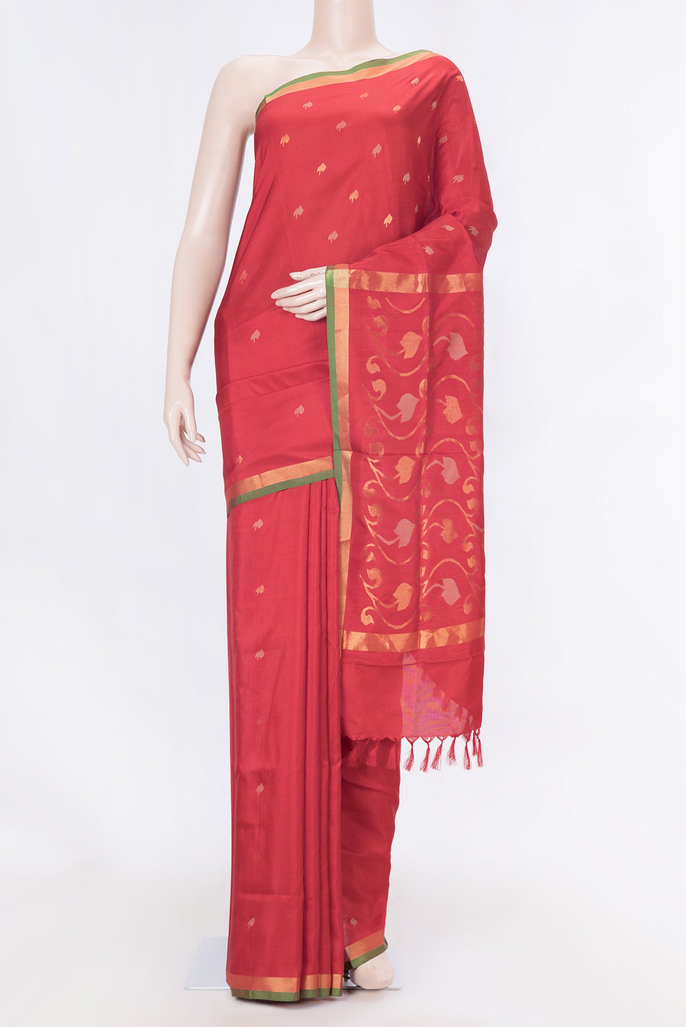 Red Dual Tone Uppada Silk Saree with Zari And Thread Butta on the body and Zari Border displayed on a mannequin