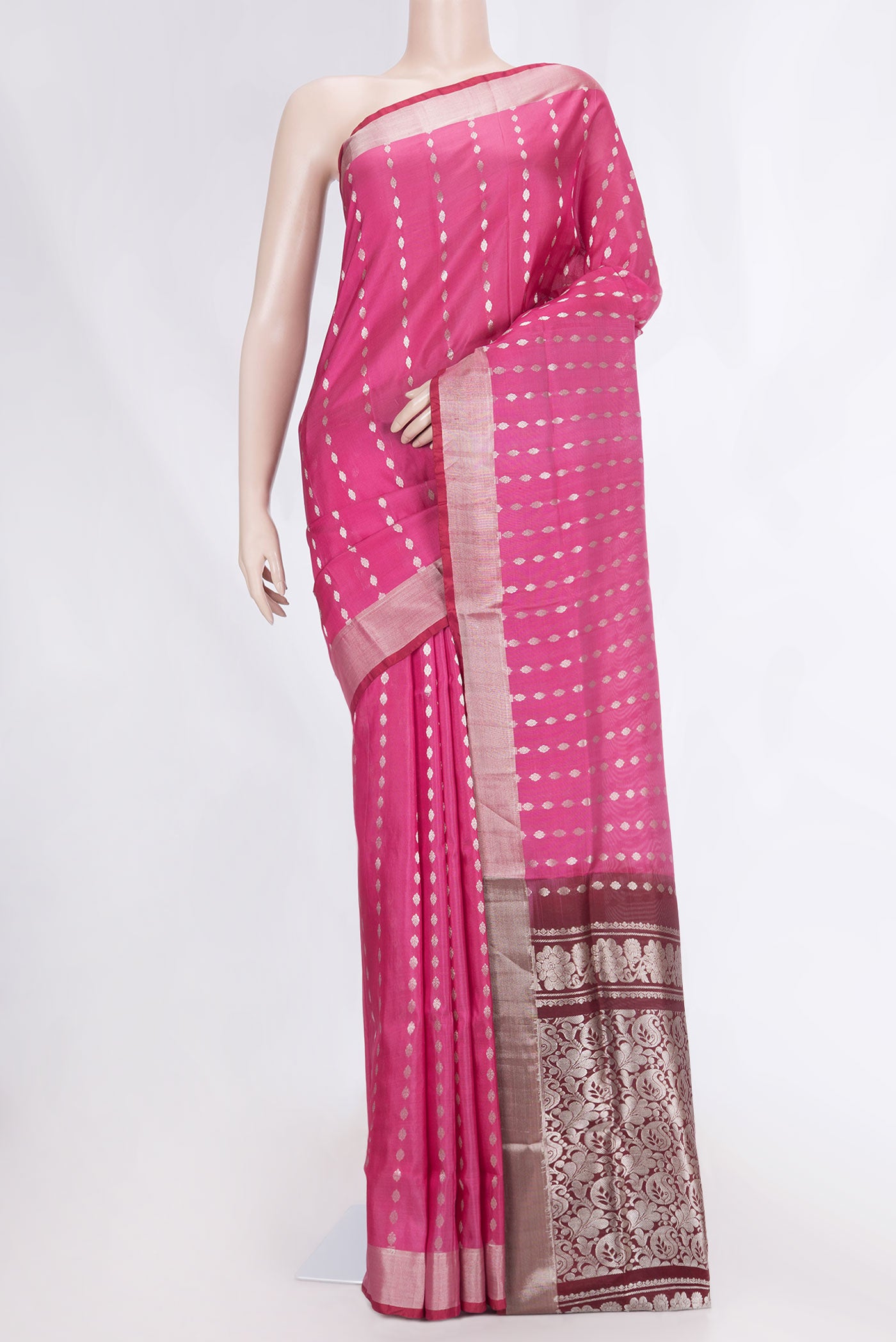 Pink Dual Tone Uppada Silk Saree with Zari And Thread Butta on the body and Zari Border displayed on a mannequin