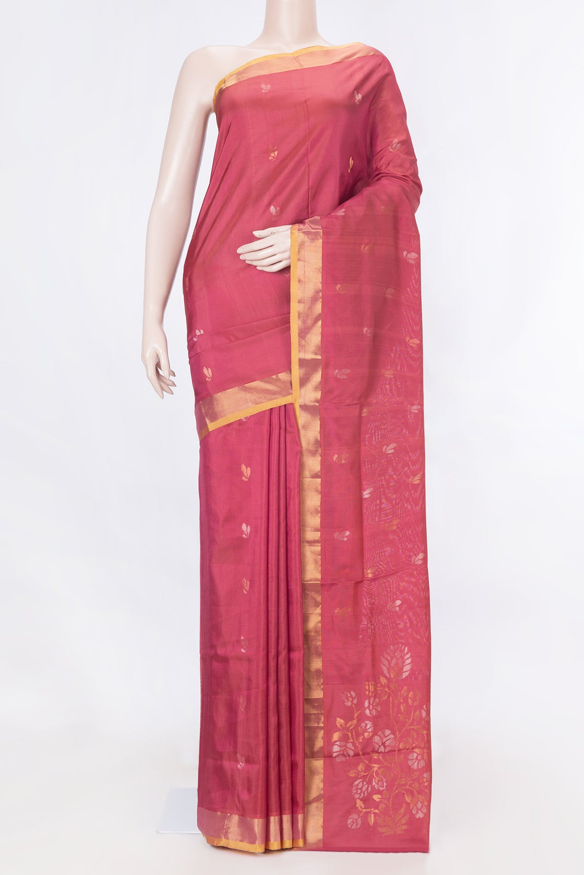 Dark Pink Dual Tone Uppada Silk Saree with Zari Brocade on the body and Zari Border displayed on a mannequin