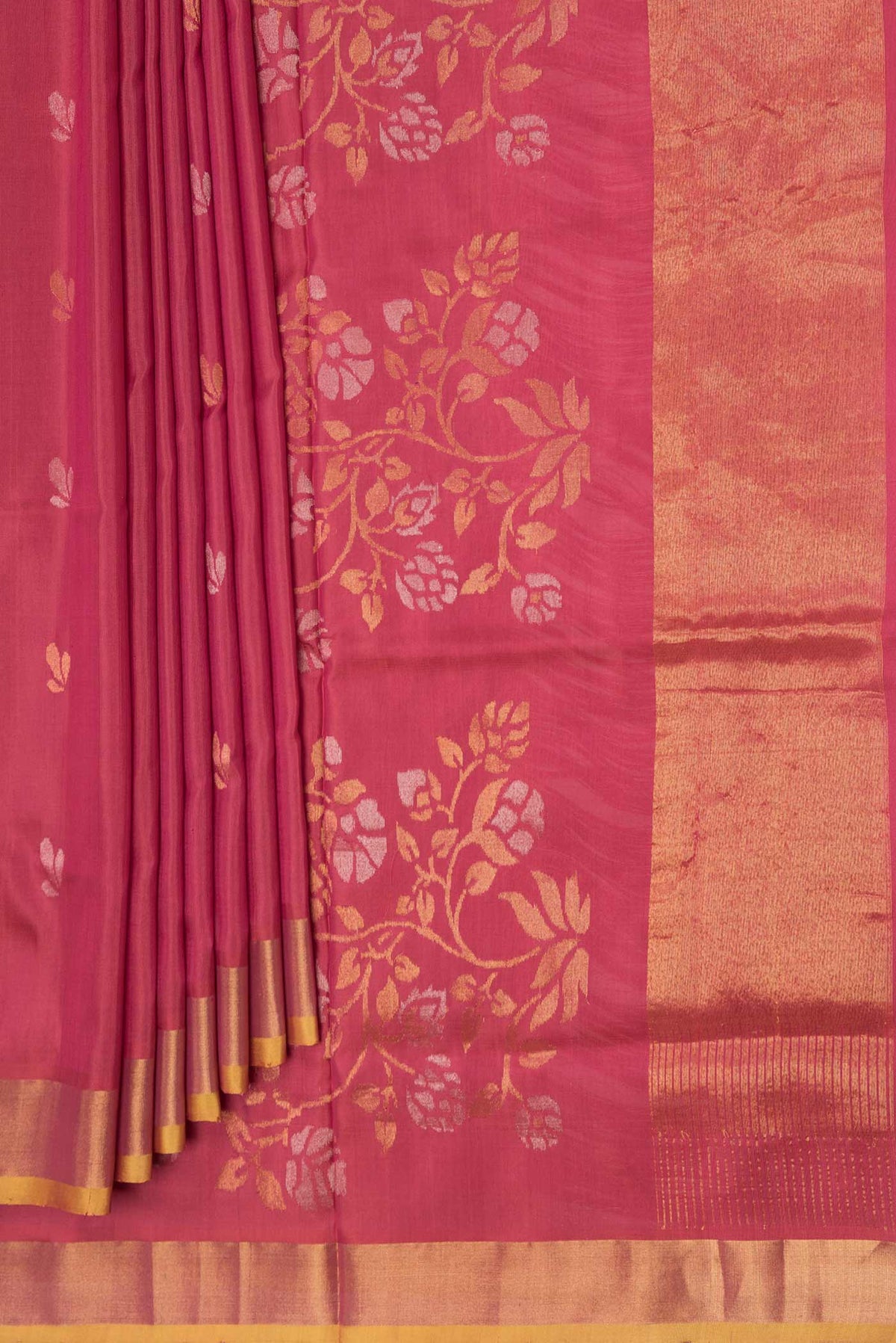 Pleats and pallu of Dark Pink Dual Tone Uppada Silk Saree with Zari Brocade on the body and Zari Border