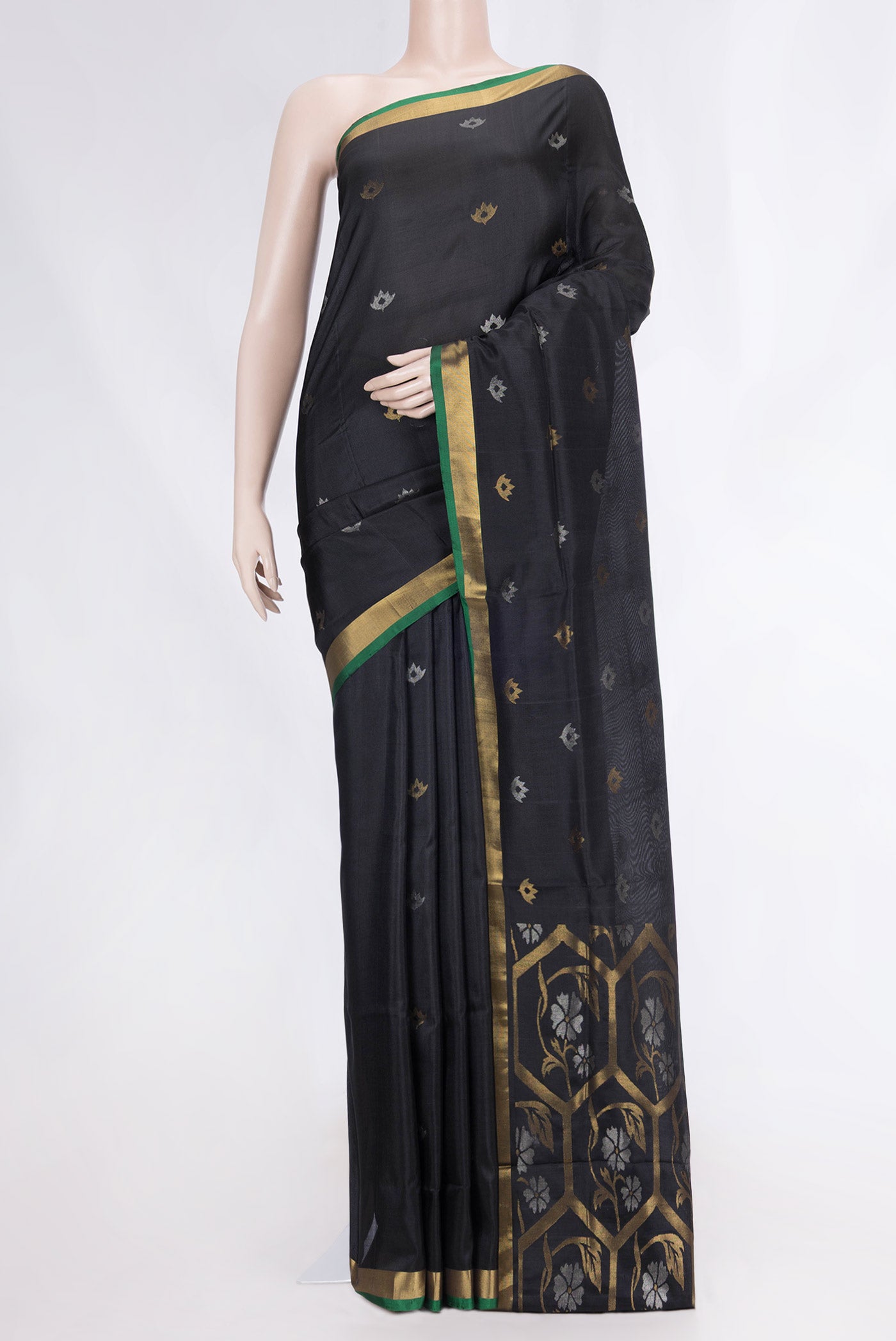 Black Dual Tone Uppada Silk Saree with Zari Butta on the body and Zari Border displayed on a mannequin