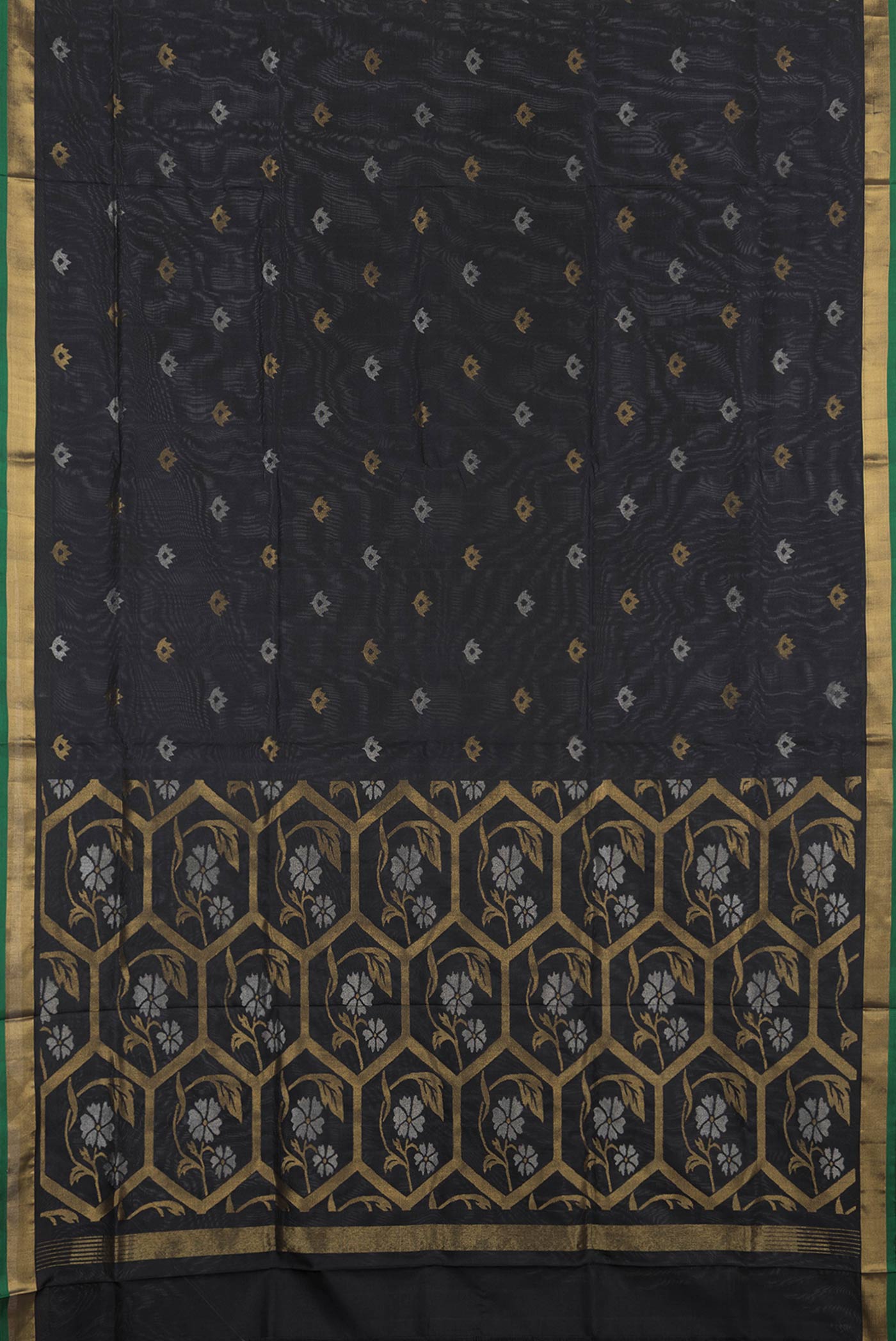 Flat view of Black Dual Tone Uppada Silk Saree with Zari Butta on the body and Zari Border