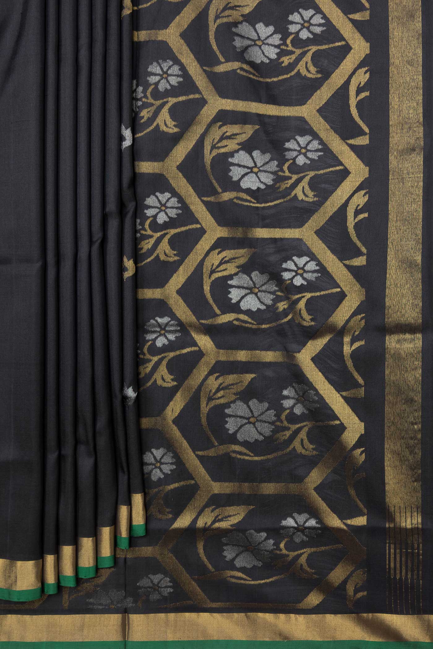 Pleats and pallu of Black Dual Tone Uppada Silk Saree with Zari Butta on the body and Zari Border