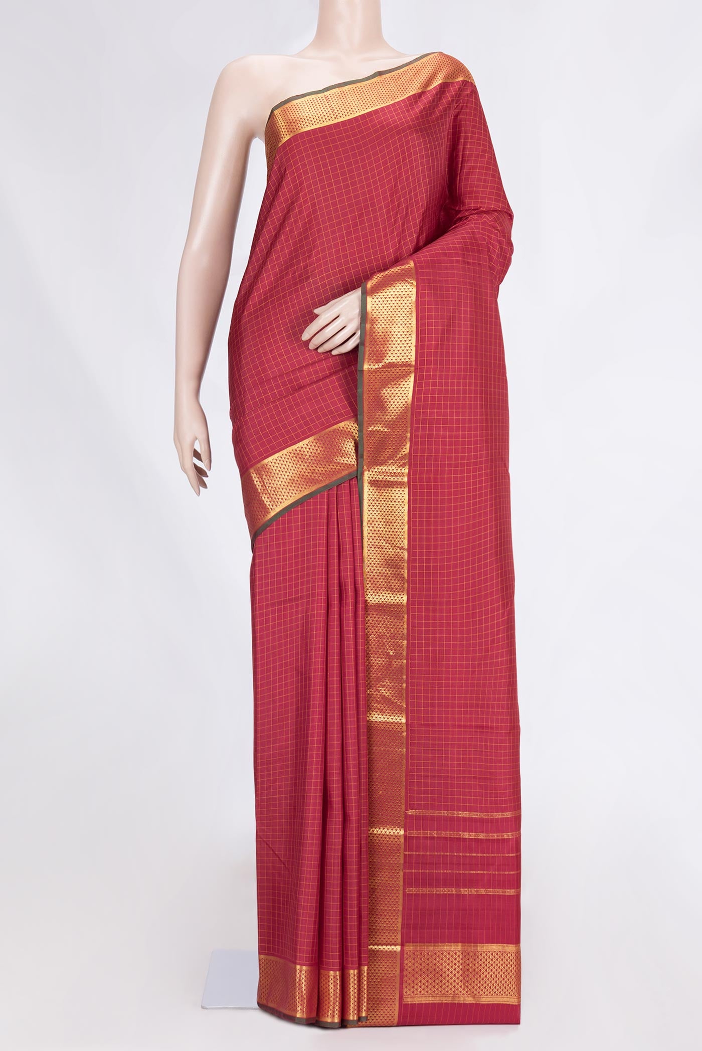 Maroon Dual Tone Kanchipuram Silk Saree with Checked design on the body and Zari Border.  displayed on a mannequin