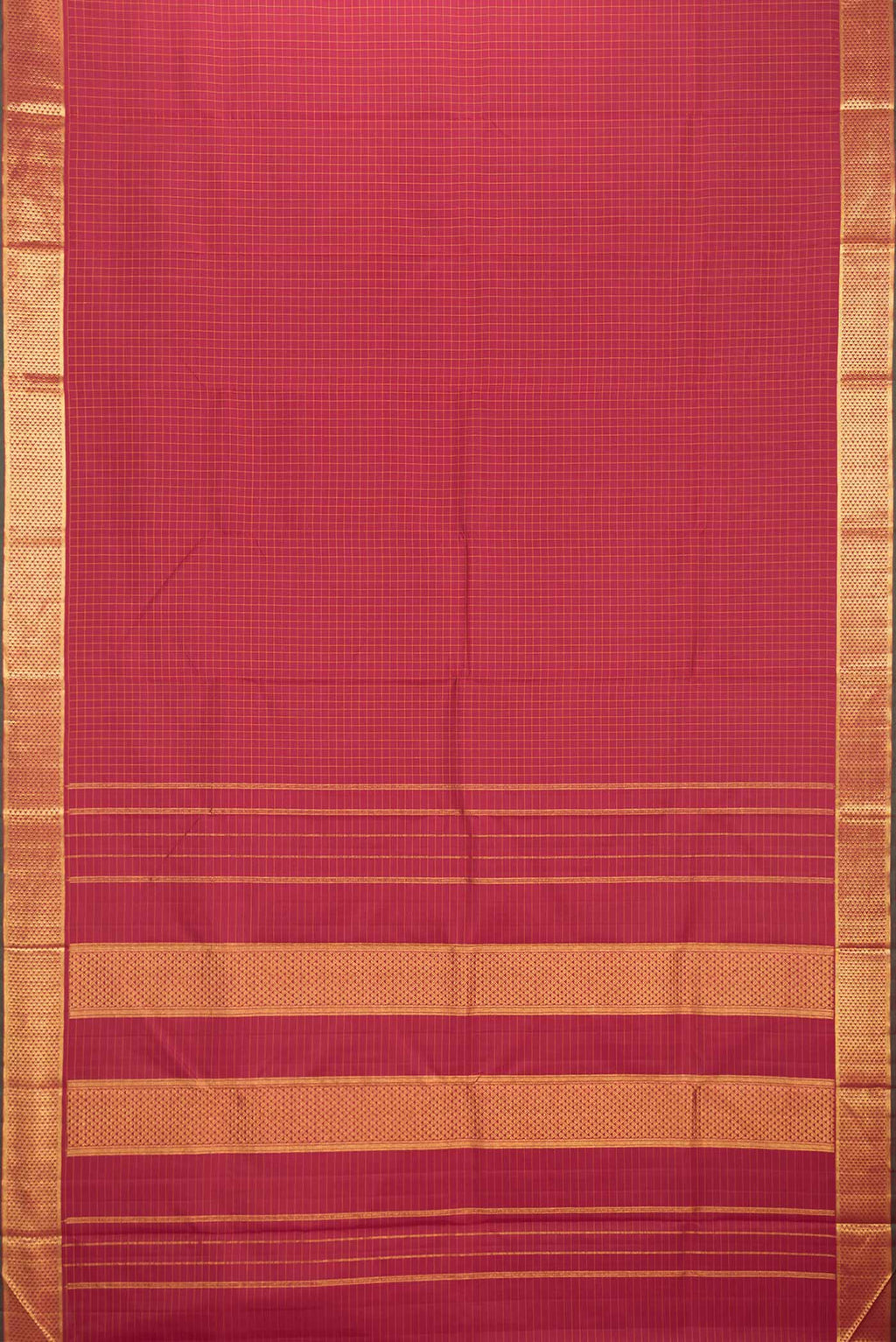 Flat view of Maroon Dual Tone Kanchipuram Silk Saree with Checked design on the body and Zari Border. 