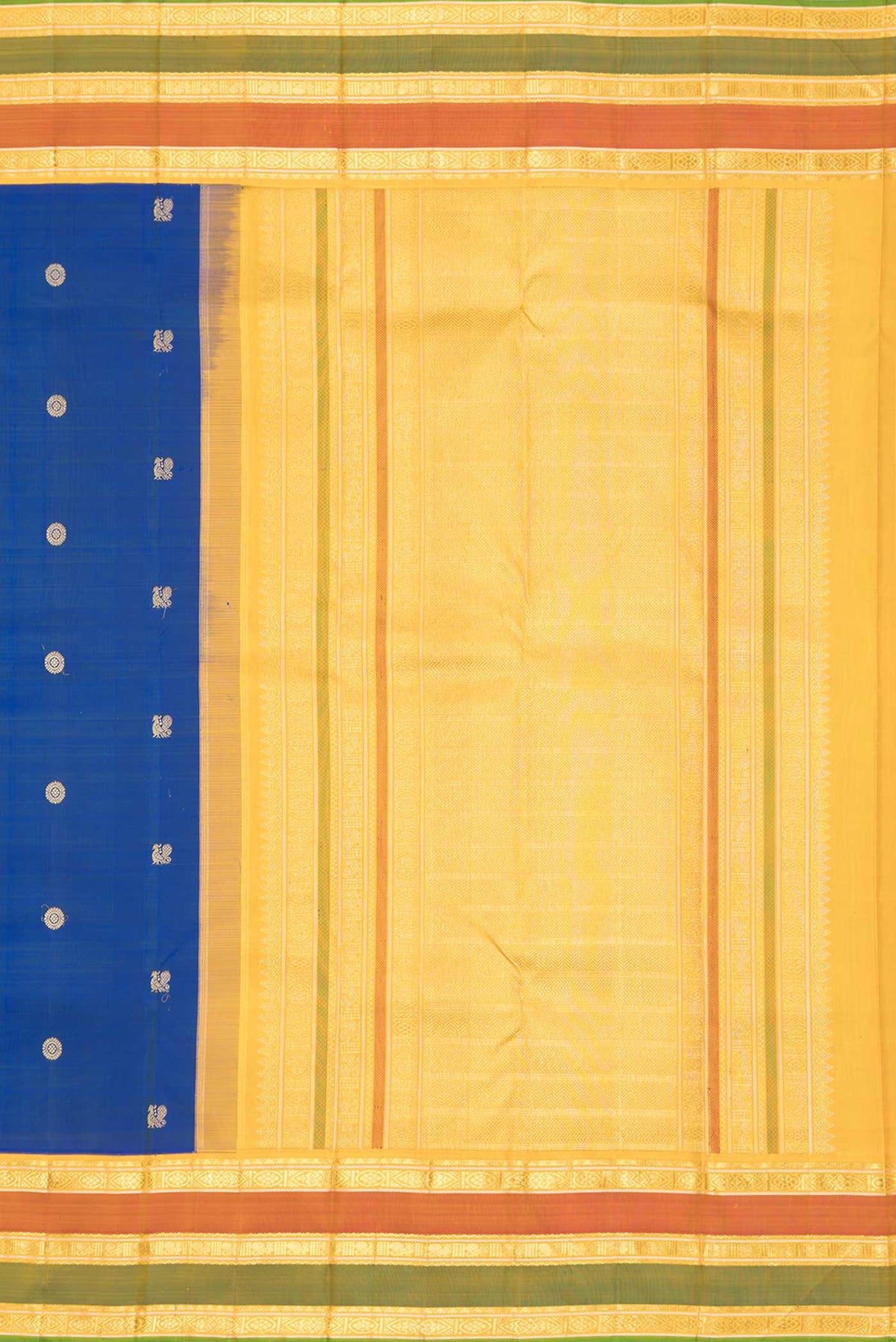 Close up image of the pallu of Pure Silk Pure Zari Royal Blue Dual Tone Kanchipuram Saree with Zari Butta on the body and Zari Border