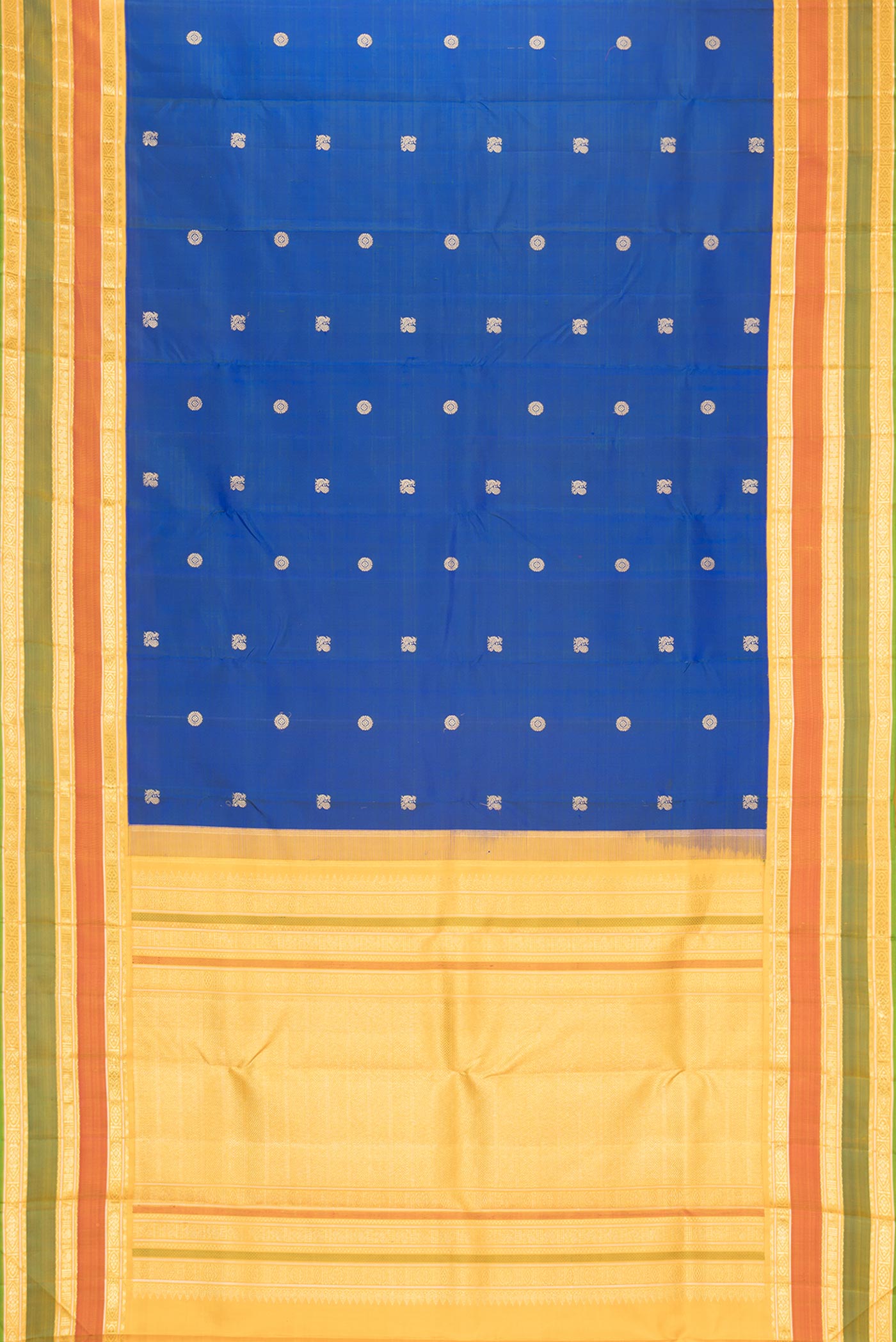 Flat view of Pure Silk Pure Zari Royal Blue Dual Tone Kanchipuram Saree with Zari Butta on the body and Zari Border