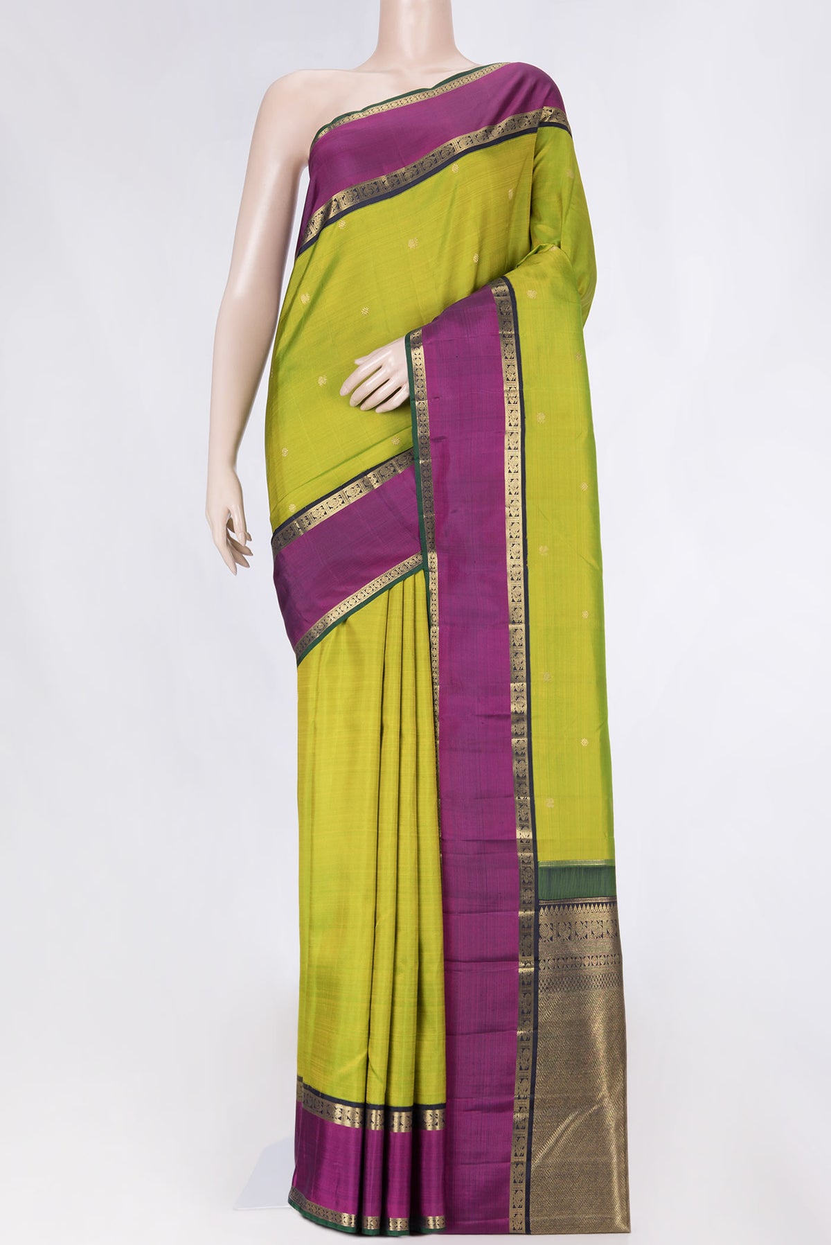 Pure Silk Pure Zari Parrot Green Dual Tone Kanchipuram Saree with Zari Butta on the body and Zari Border displayed on a mannequin