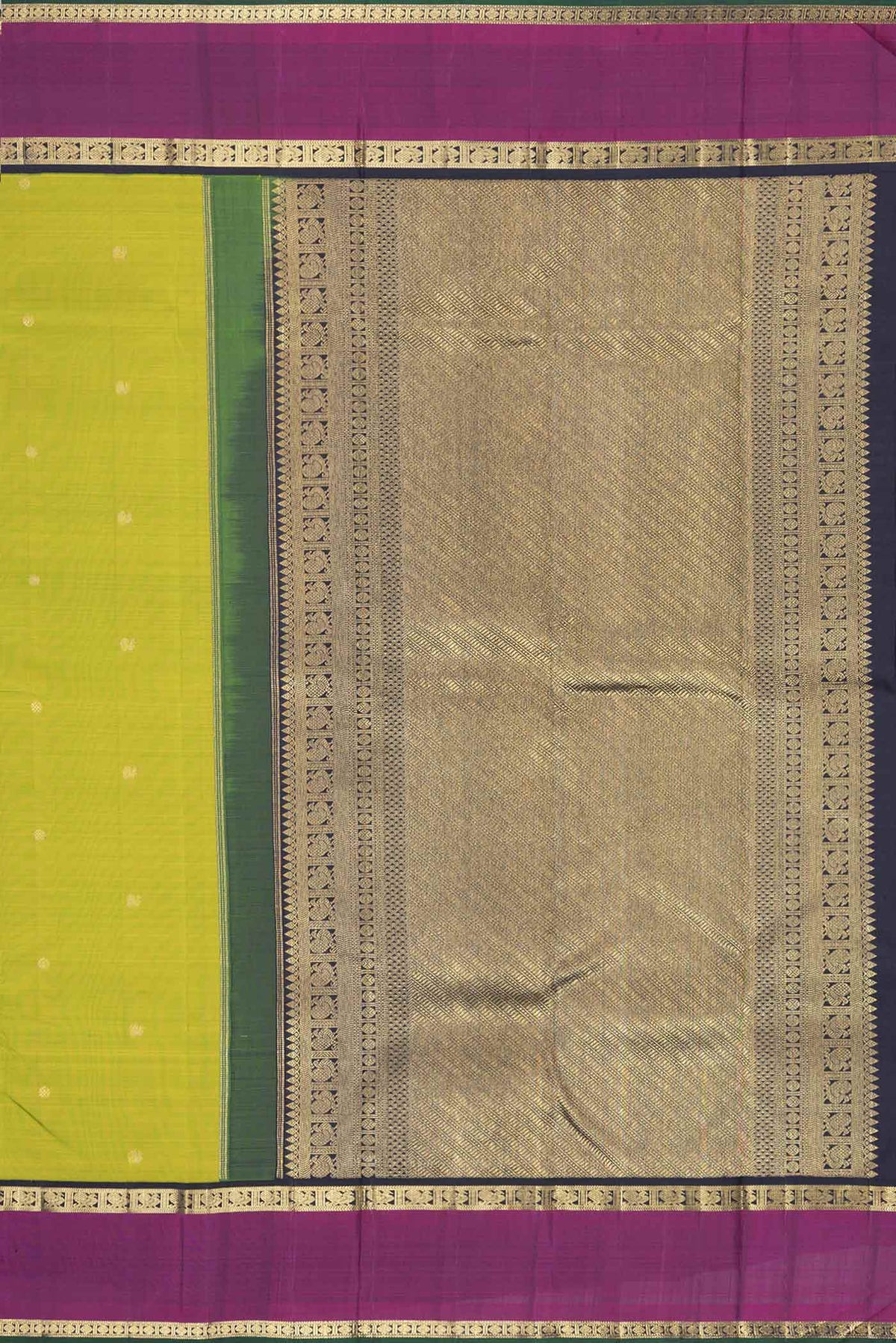 Close up image of the pallu of Pure Silk Pure Zari Parrot Green Dual Tone Kanchipuram Saree with Zari Butta on the body and Zari Border
