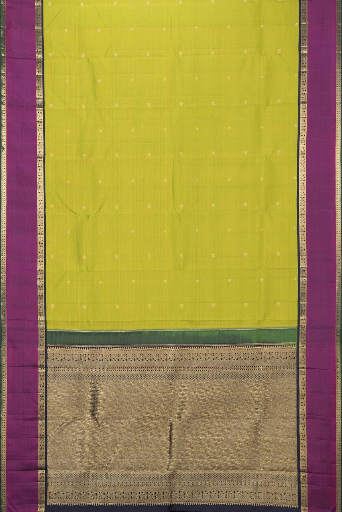 Flat view of Pure Silk Pure Zari Parrot Green Dual Tone Kanchipuram Saree with Zari Butta on the body and Zari Border