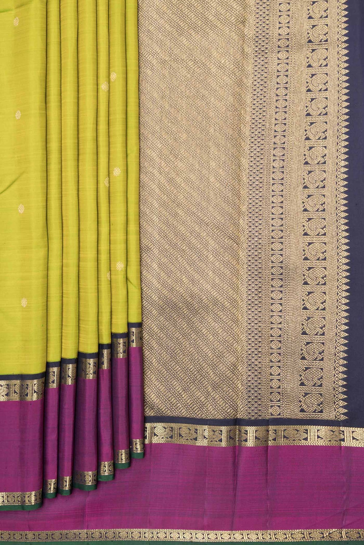 Pleats and pallu of Pure Silk Pure Zari Parrot Green Dual Tone Kanchipuram Saree with Zari Butta on the body and Zari Border