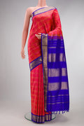 Pink Kanchipuram Silk Nine Yards Saree with Checked design on the body and Zari Border.  displayed on a mannequin