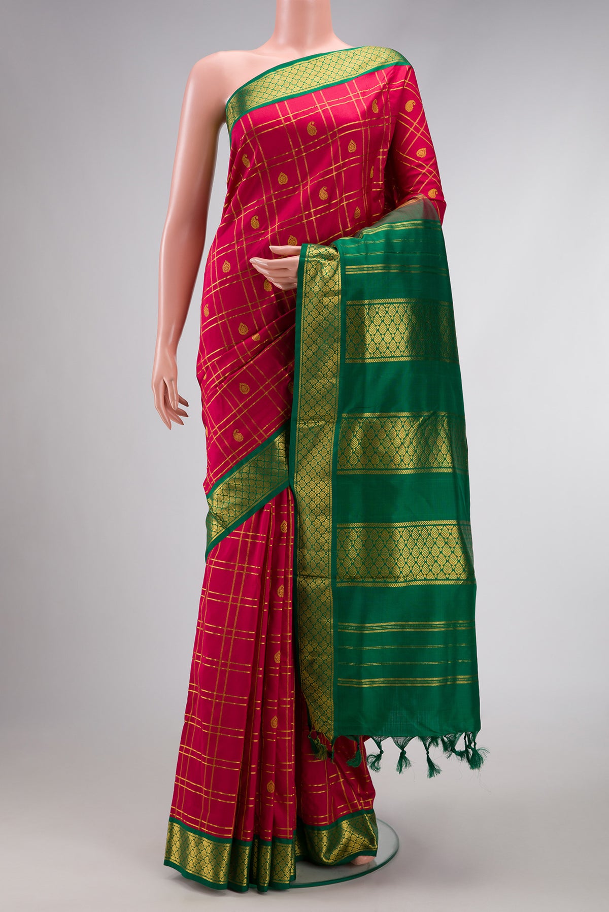Pure Silk Pure Zari Maroon Dual Tone Kanchipuram Nine Yards Saree with Checked design on the body and Zari Border.  displayed on a mannequin