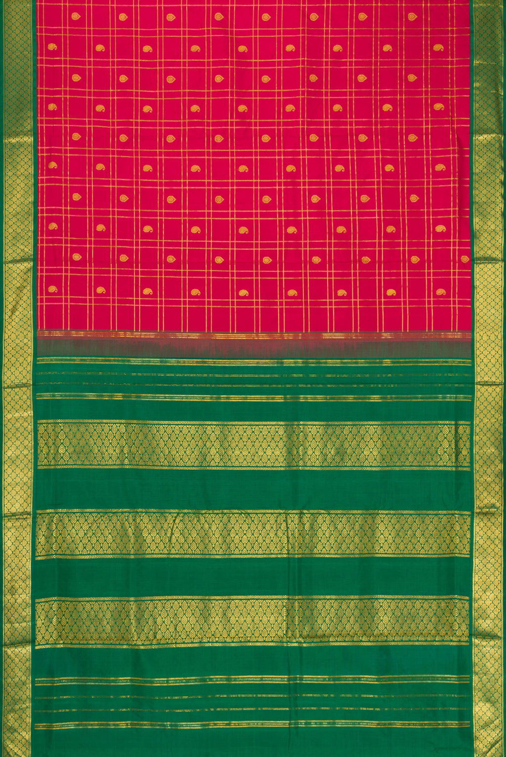 Flat view of Pure Silk Pure Zari Maroon Dual Tone Kanchipuram Nine Yards Saree with Checked design on the body and Zari Border. 
