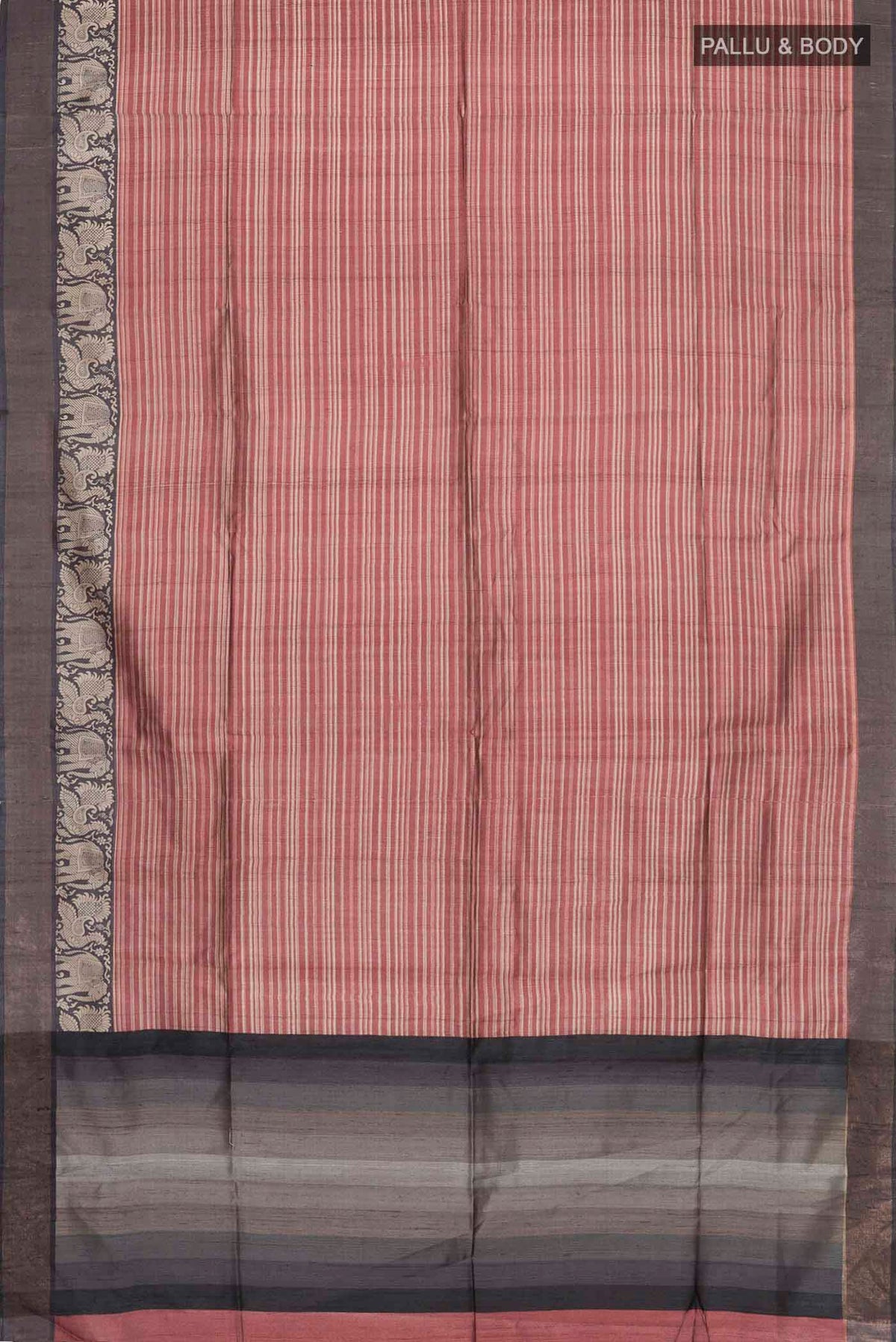 Flat view of Maroon Bhagalpuri Tussar Silk Saree with Stripes on the body and Zari Border