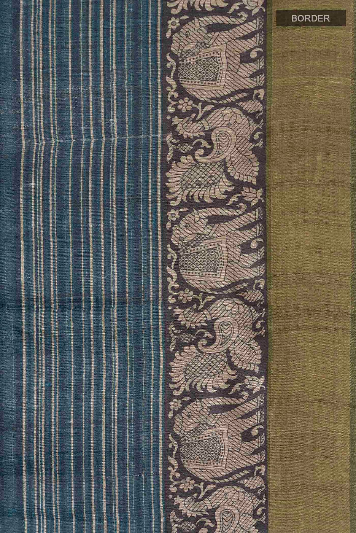 Border image of Blue Tussar Silk Saree with Stripes on the body and Zari Border