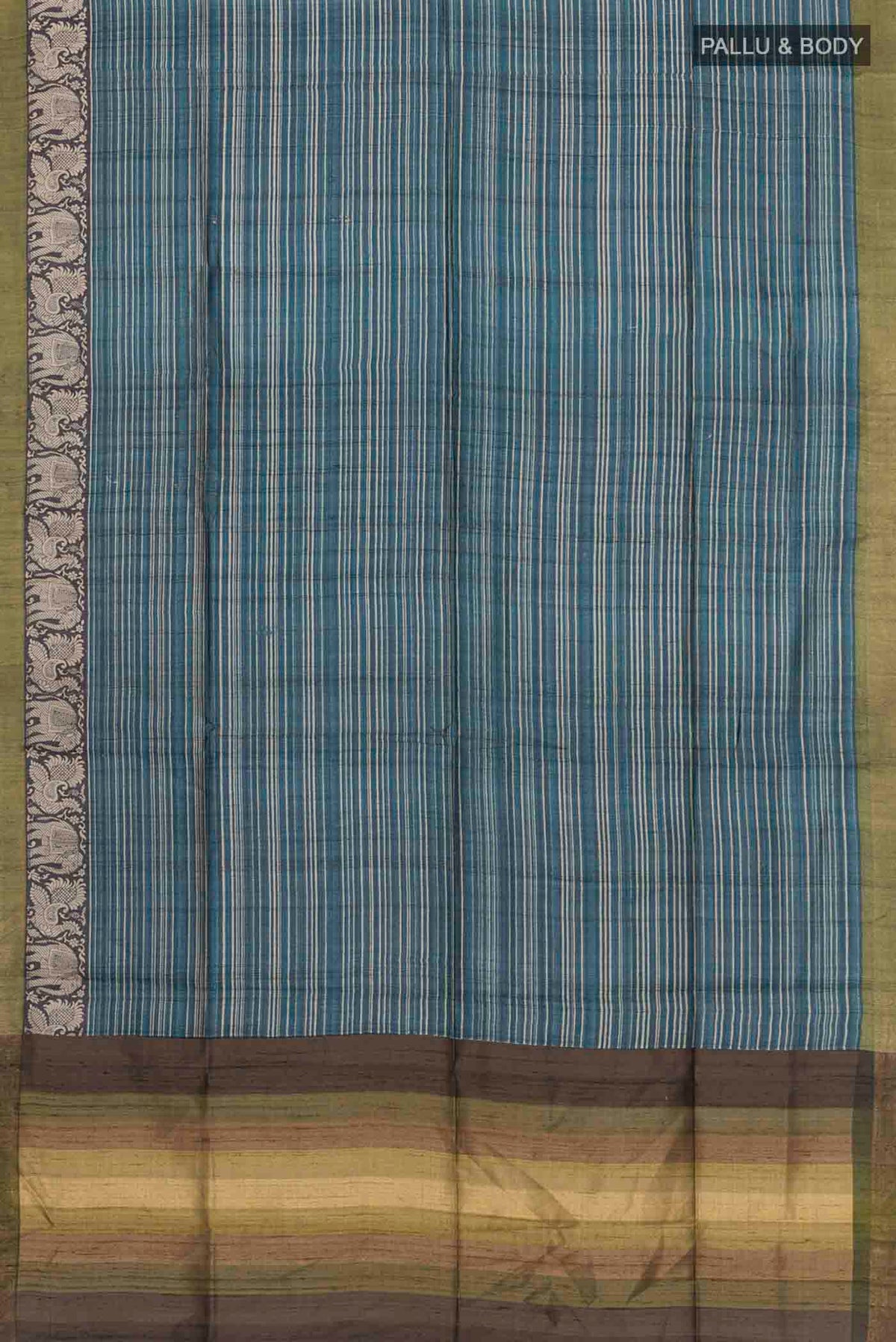 Flat view of Blue Tussar Silk Saree with Stripes on the body and Zari Border