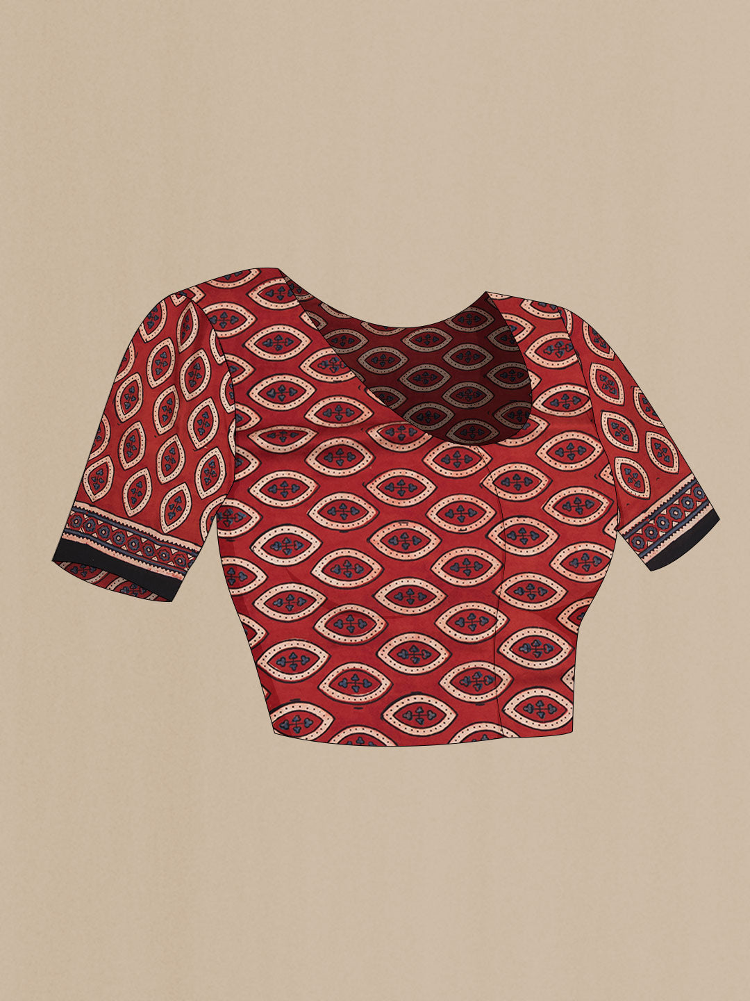 Close up image of the blouse of Red Dual Tone Satin Silk Saree with Printed design on the body and Printed Border