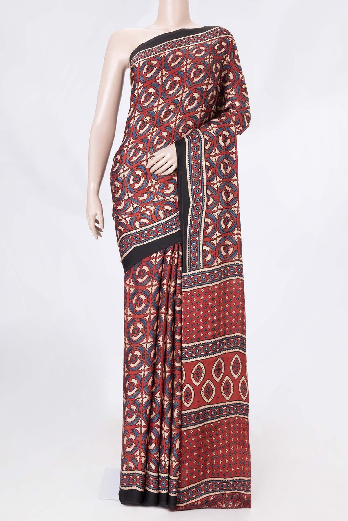 Red Dual Tone Satin Silk Saree with Printed design on the body and Printed Border displayed on a mannequin