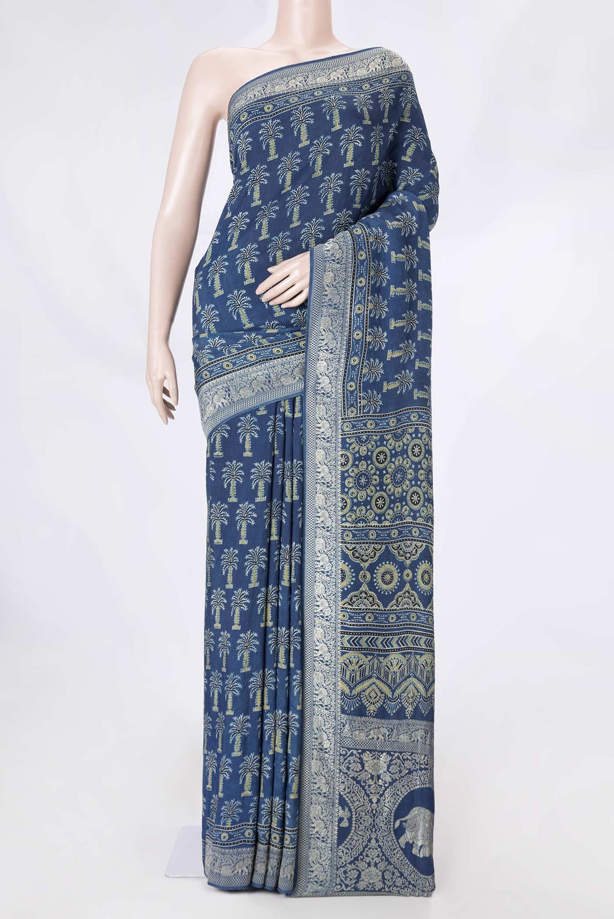 Navy Blue Dual Tone Satin Silk Saree with Printed design on the body and Zari Border displayed on a mannequin