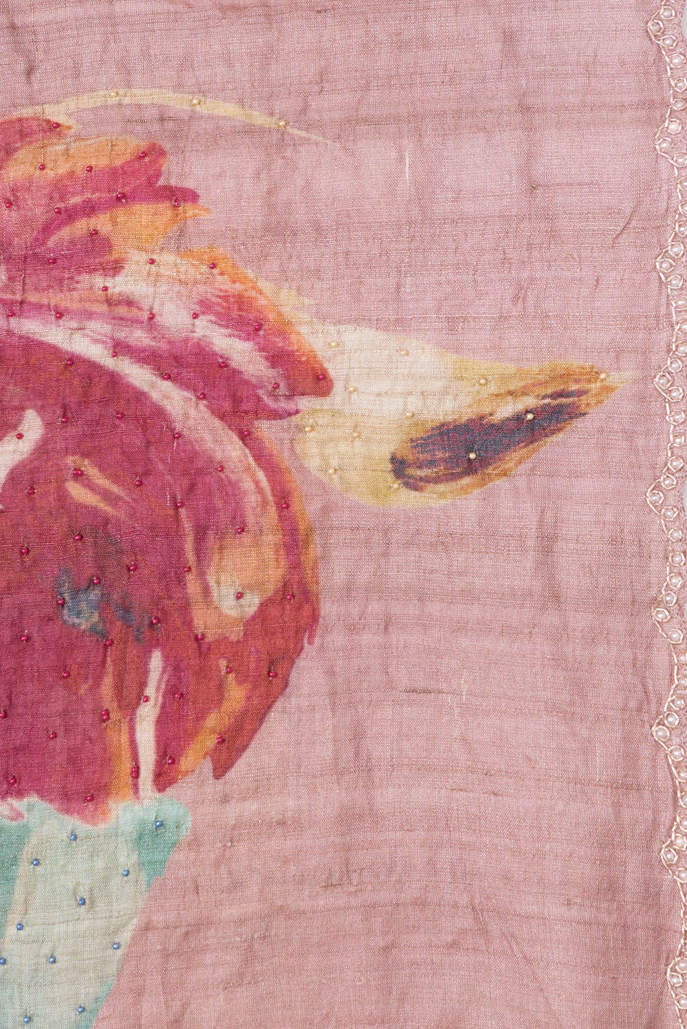 Border image of Rose Gold Dual Tone Tussar Silk Saree with Embroidery on the body and Embroidery Border. 