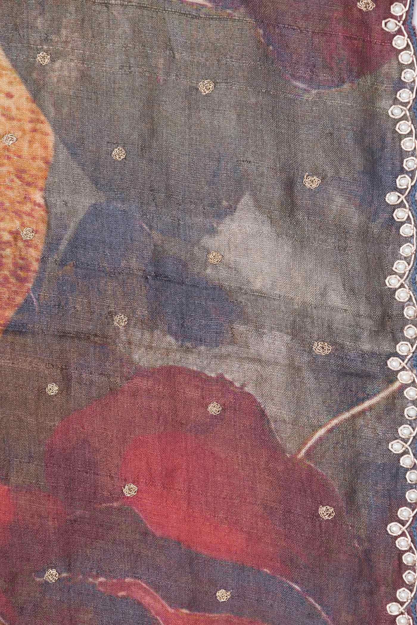 Border image of Blue Grey Tussar Silk Saree with Embroidery on the body and Embroidery Border