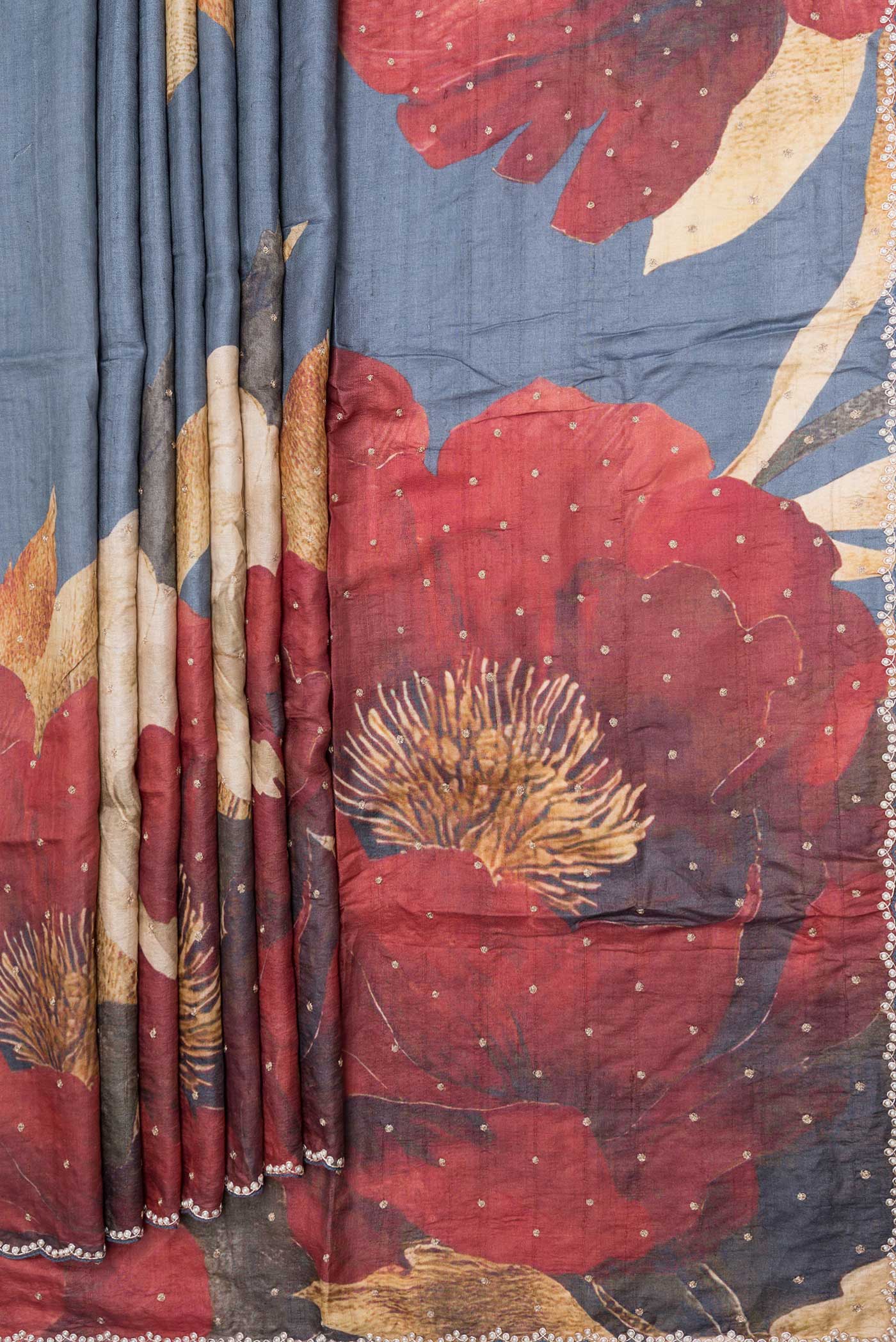 Pleats and pallu of Blue Grey Tussar Silk Saree with Embroidery on the body and Embroidery Border