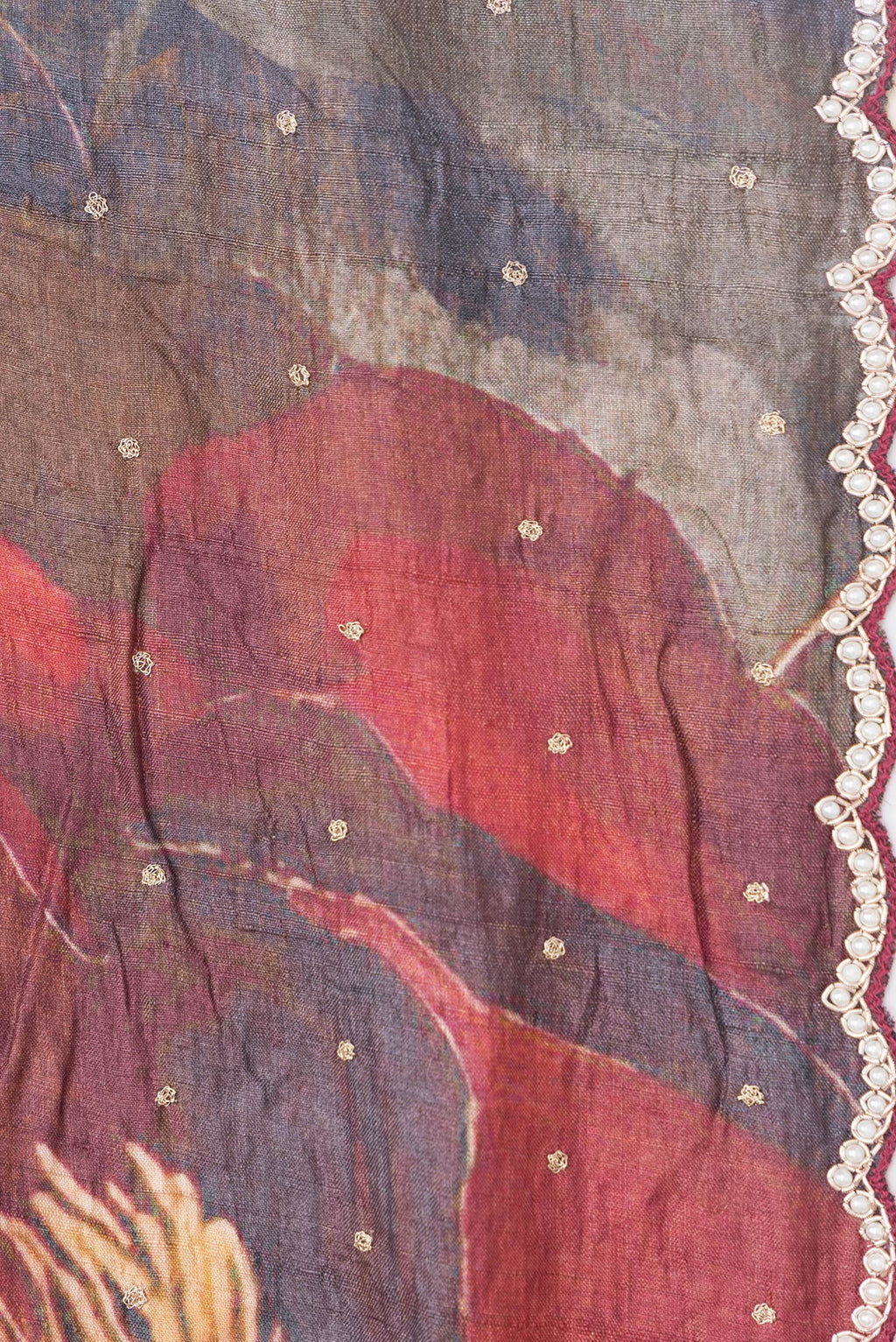 Border image of Pink,Red and Magenta Color Tussar Silk Saree with Embroidery on the body and Embroidery Border. 