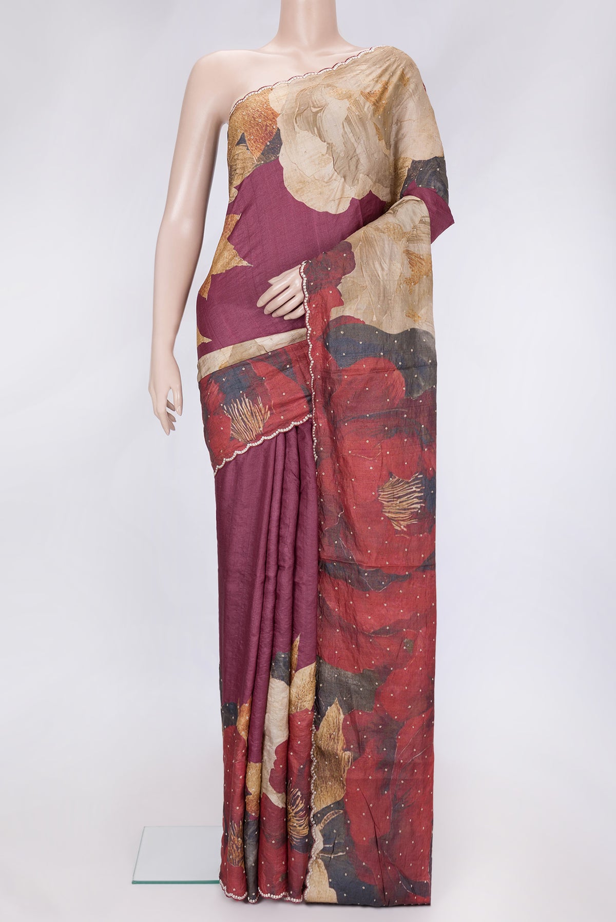 Pink,Red and Magenta Color Tussar Silk Saree with Embroidery on the body and Embroidery Border.  displayed on a mannequin