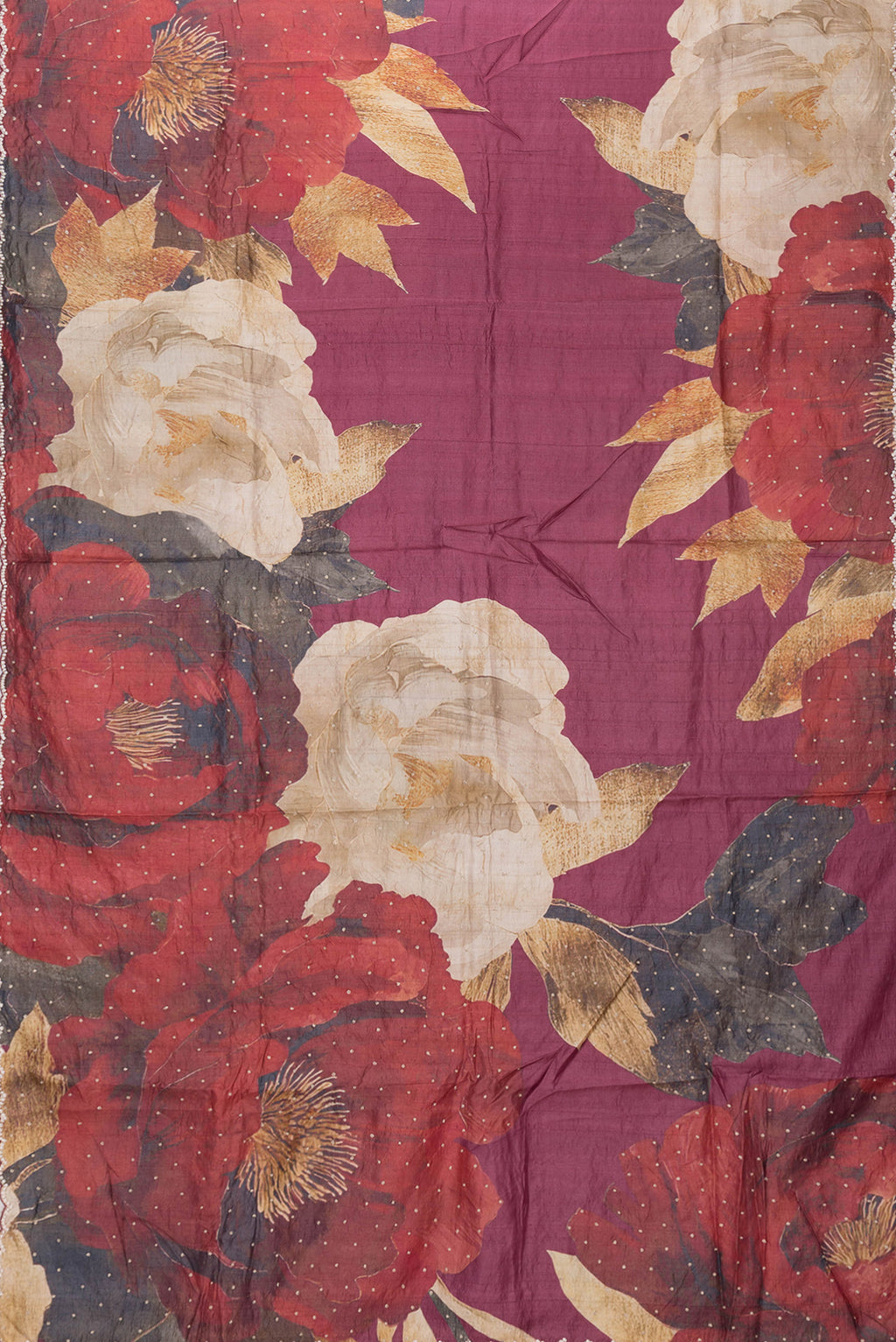 Flat view of Pink,Red and Magenta Color Tussar Silk Saree with Embroidery on the body and Embroidery Border. 