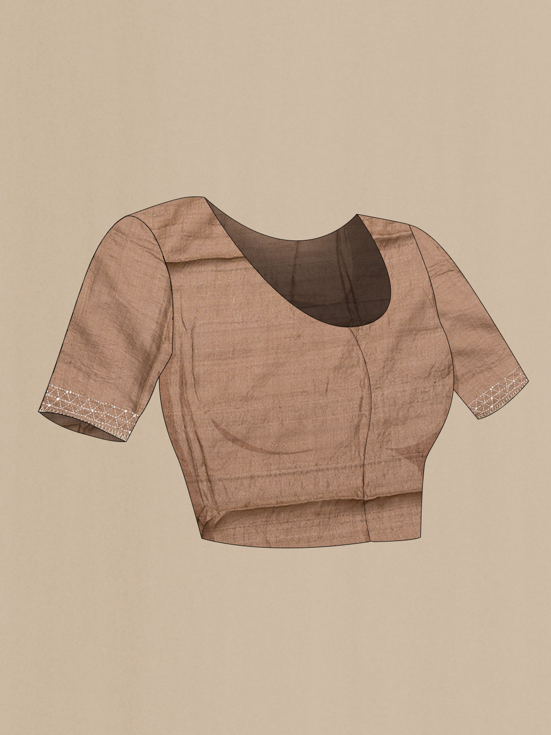 Close up image of the blouse of Brown Dual Tone Tussar Silk Saree with Embroidery on the body and Embroidery Border. 